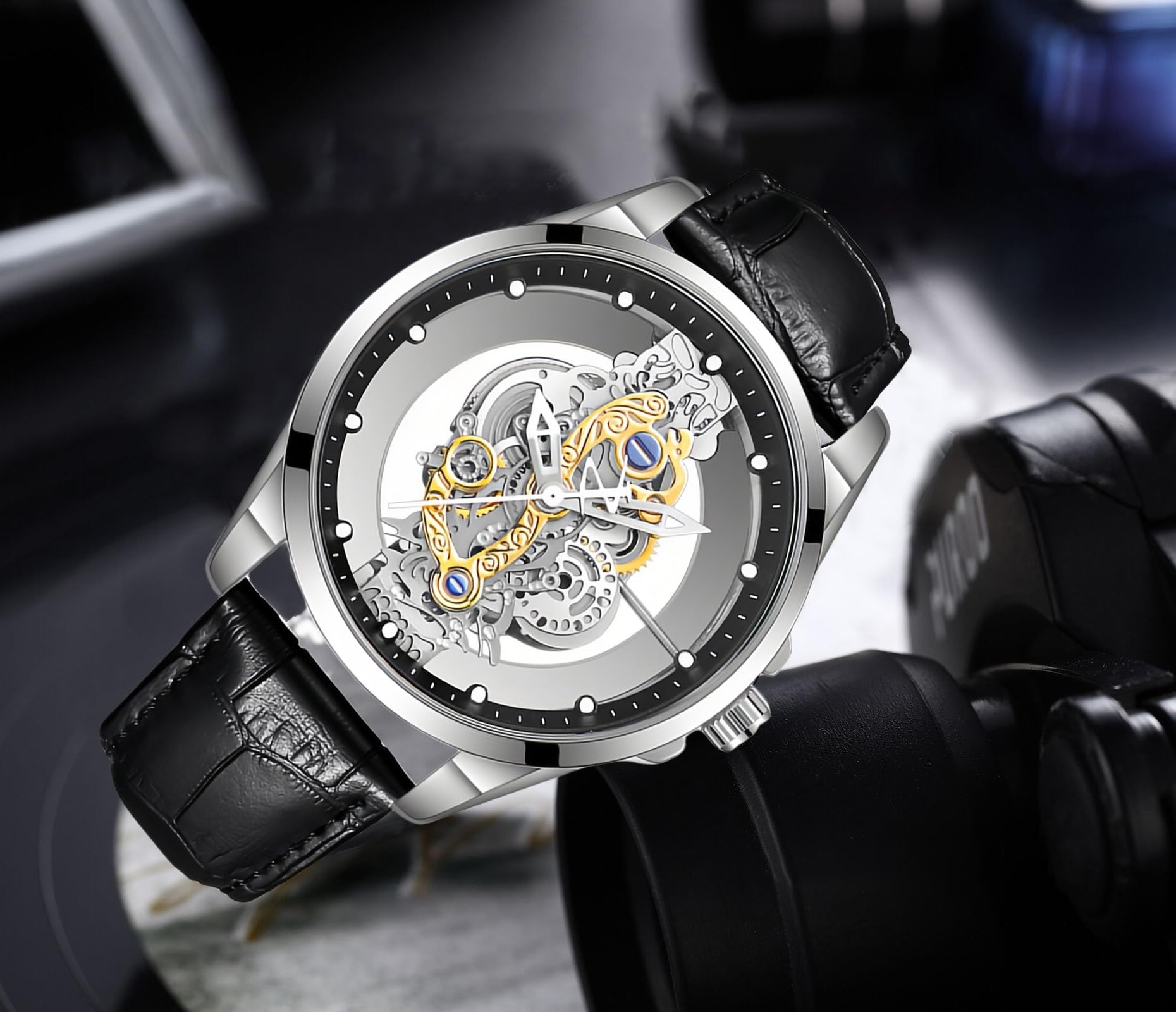 Gosasa Reloj de pulsera para hombre de negocios de doble cara, hueco, transparente, analógico, acero inoxidable, cuarzo, impermeable, creativo