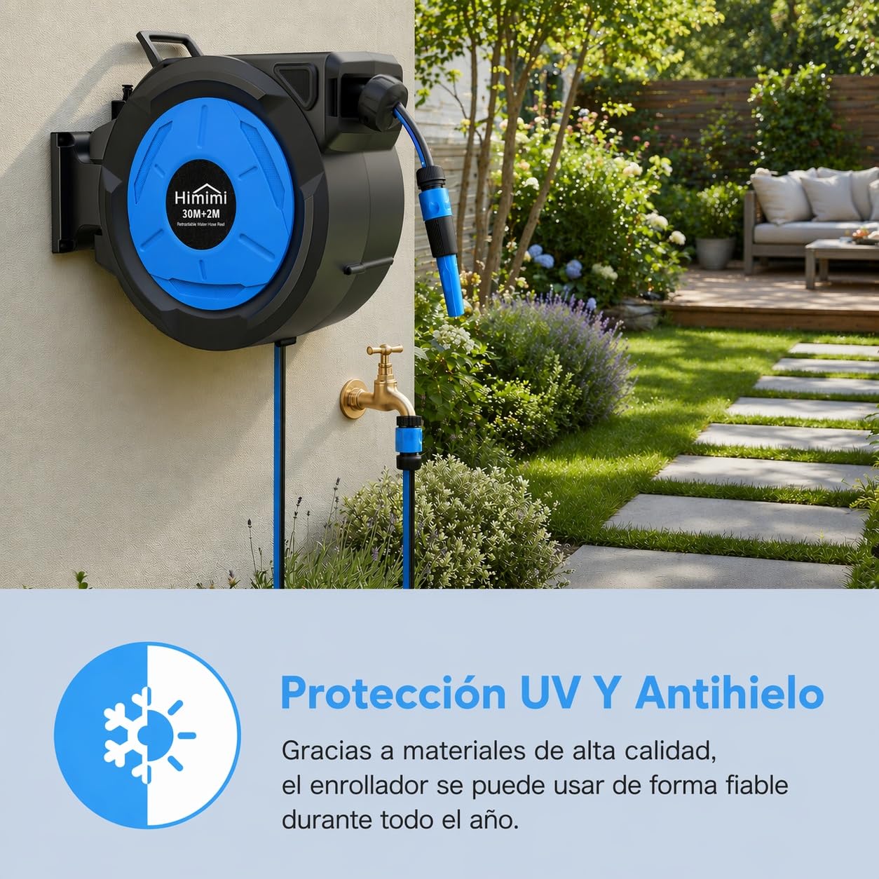 Himimi Enrollador de Manguera de Jardín Retráctil de Pared 30 m + 2 m, Carrete Automático 1/2", Rebobinado Lento, Bloqueo a Cualquier Longitud, Soporte Giratorio 180°, Resistente a UV y Heladas