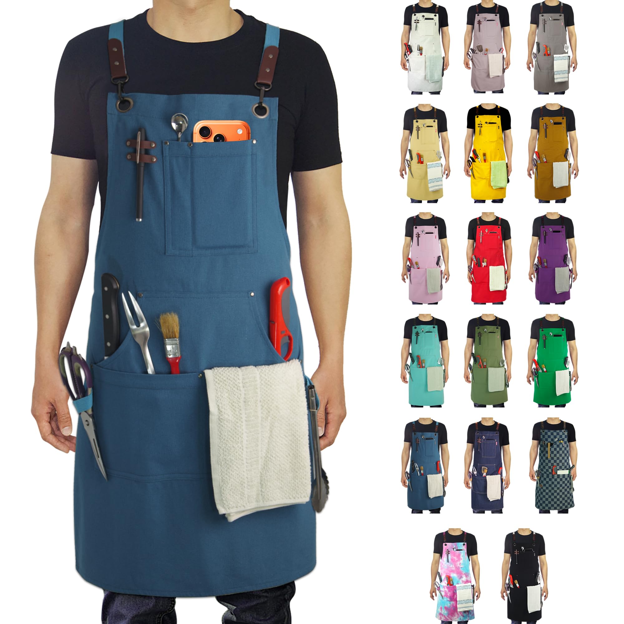 Stenffy Kitchen Apron, Work Apron, Canvas, Multiple Pockets, Gardening, Painting, BBQ, Artist, Carpenter, Sizes M to XXL, Blue