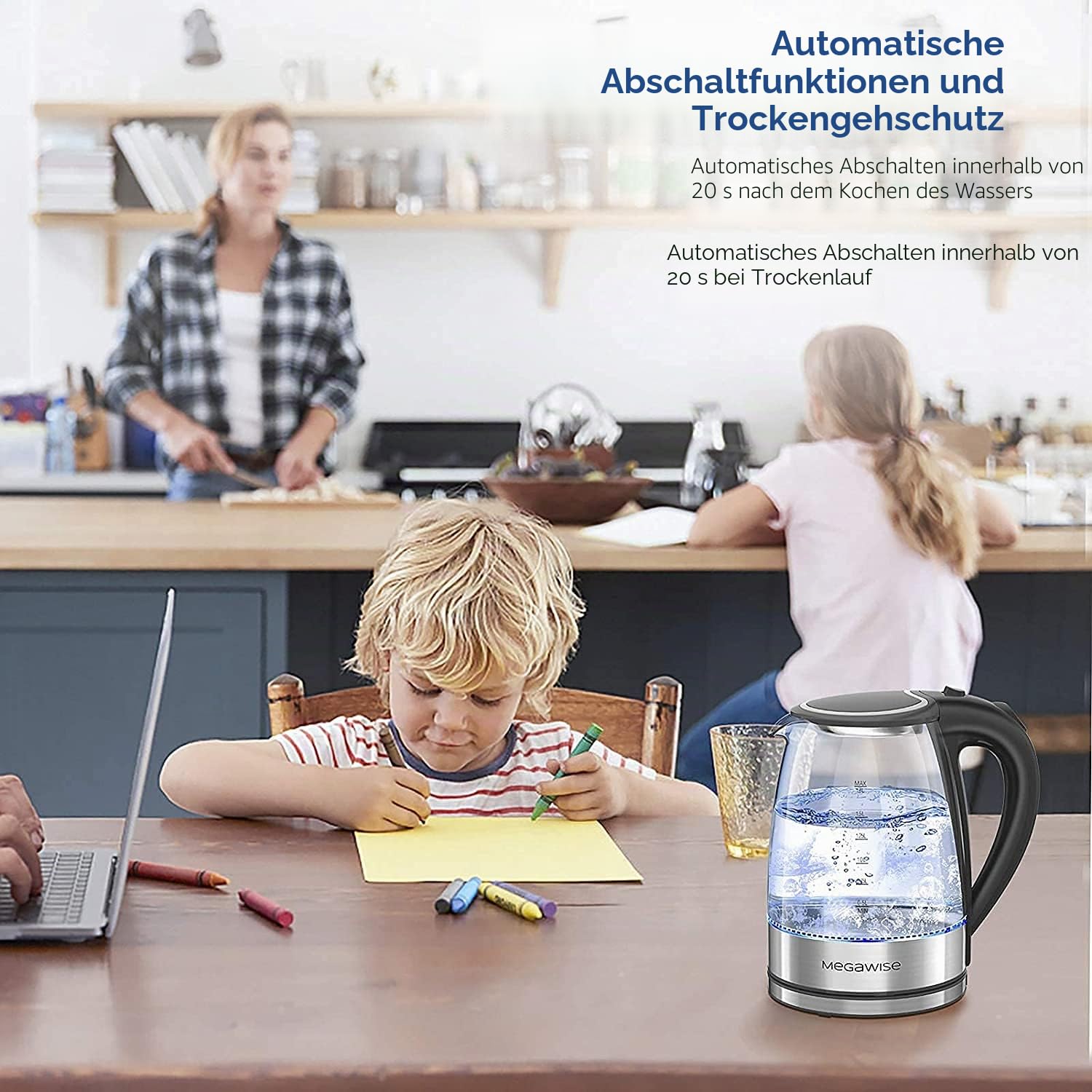 MEGAWISE 1.8L gesunder elektrischer Wasserkocher, 1000W Borosilikatglas Teekessel mit Lebensmittelqualität Material, Auto Shut-Off und Boil-Dry Schutz Akku Wasserkocher schnell kochend, BPA frei