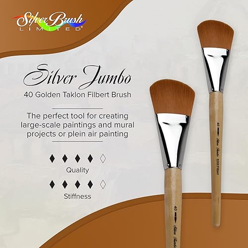 Miniatura 2 de Silver Brush Limited 820340 Pincel plateado Jumbo Golden Taklon Filbert, murales grandes, pintores de caballete y muebles, tamaño 40, mango de
