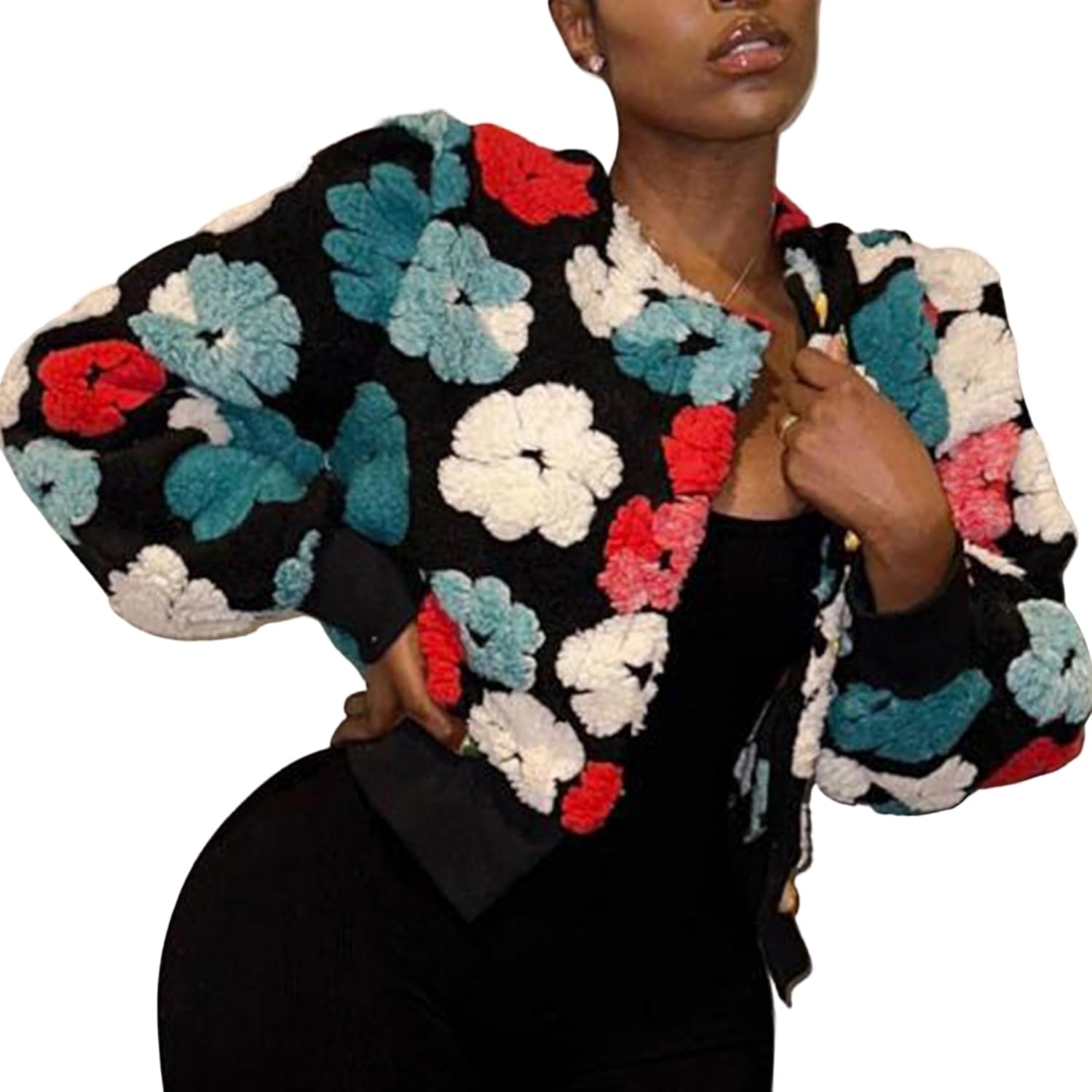 OPCAKM Women's Cropped Floral Print Shacket Jackets Round Neck Long Sleeve Bomber Coat Outerwears - Image 2