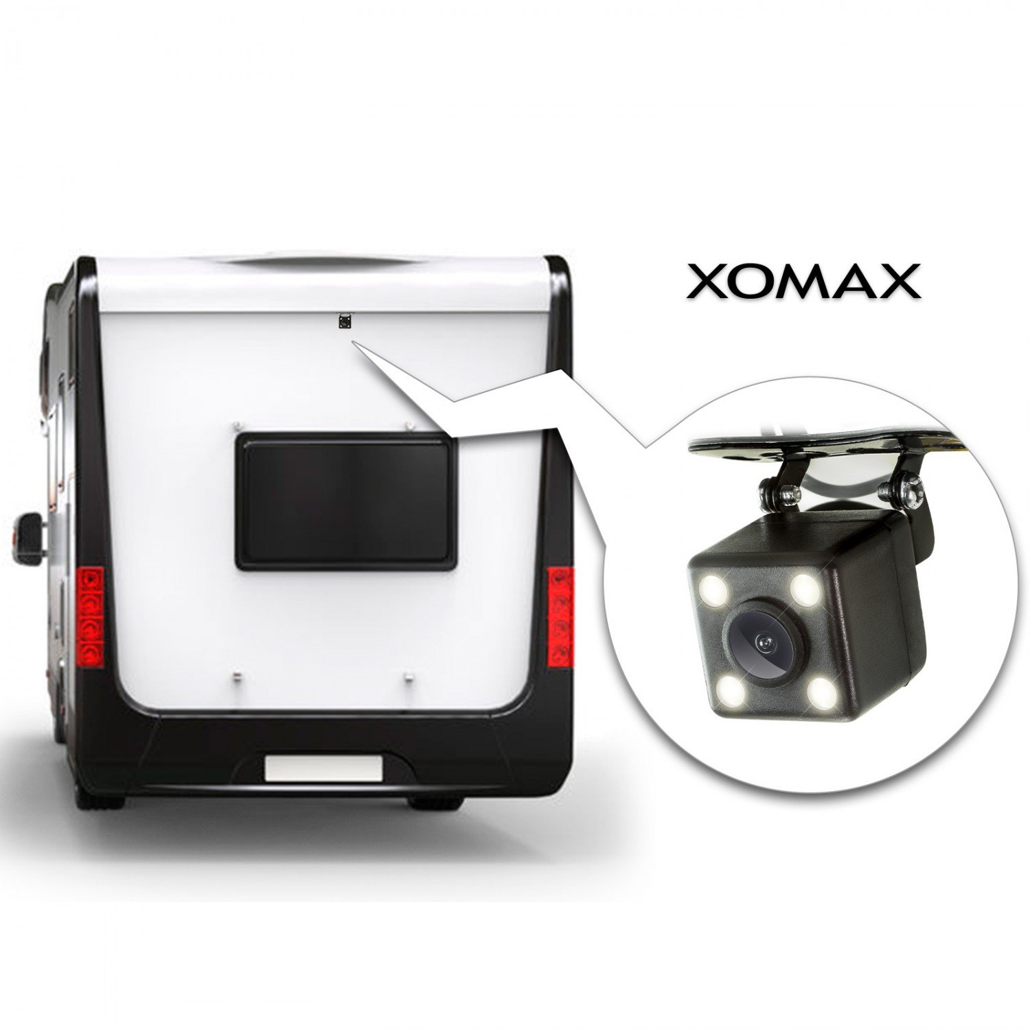 Xomax XM-020 samochodowa kamera cofania z uchwytem, widoczność w nocy z 4 wydajnymi lampami LED, pomoc przy parkowaniu: linie dystansowe w kolorze, PAL i NTSC, zakres widzenia: szeroki kąt 170°, kabel wideo 5 m