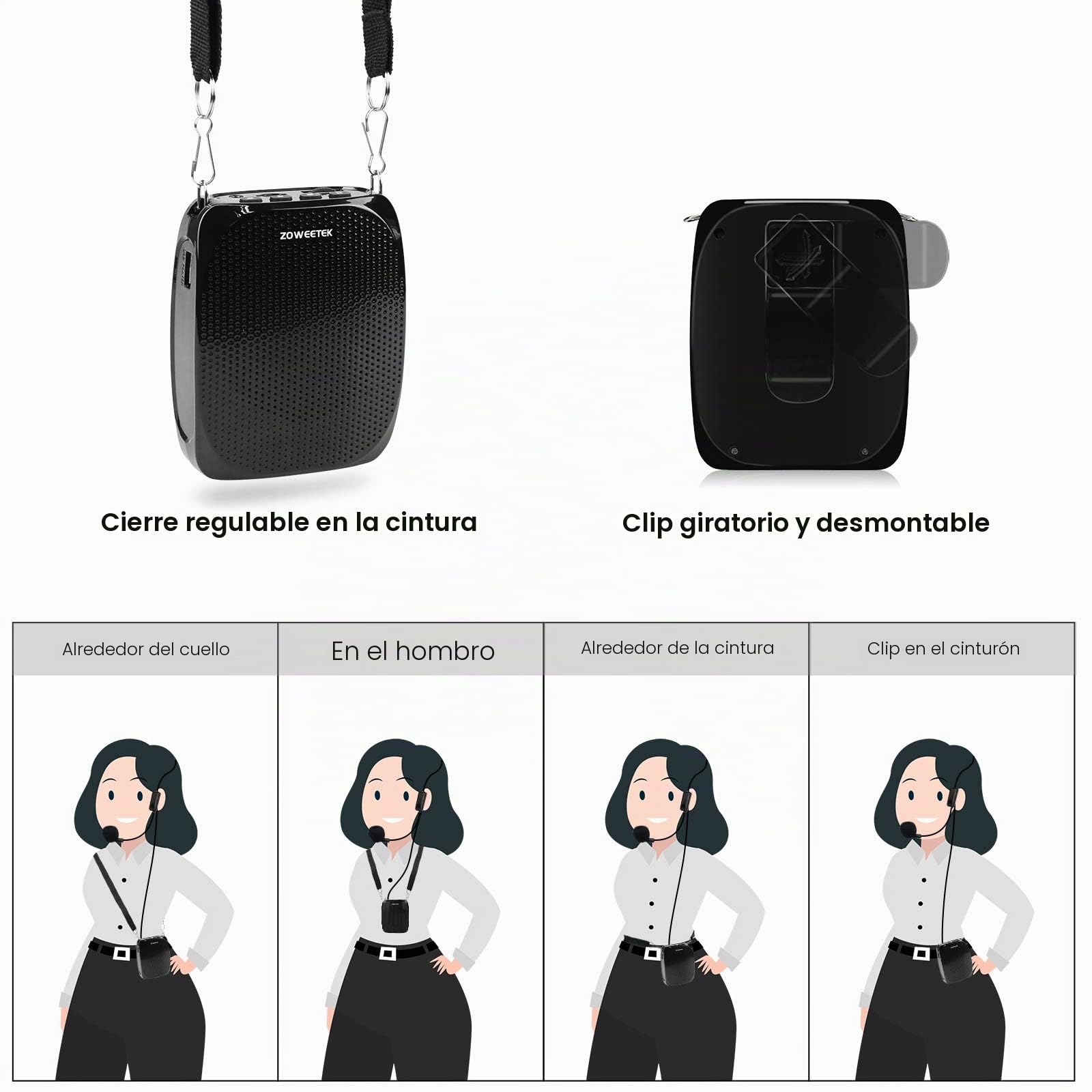 Zoweetek Amplificador de voz portátil con micrófono y cintura con cable, compatible con formato MP3 de audio para profesores, cantos, entrenadores, presentación, guía turística, personas mayores