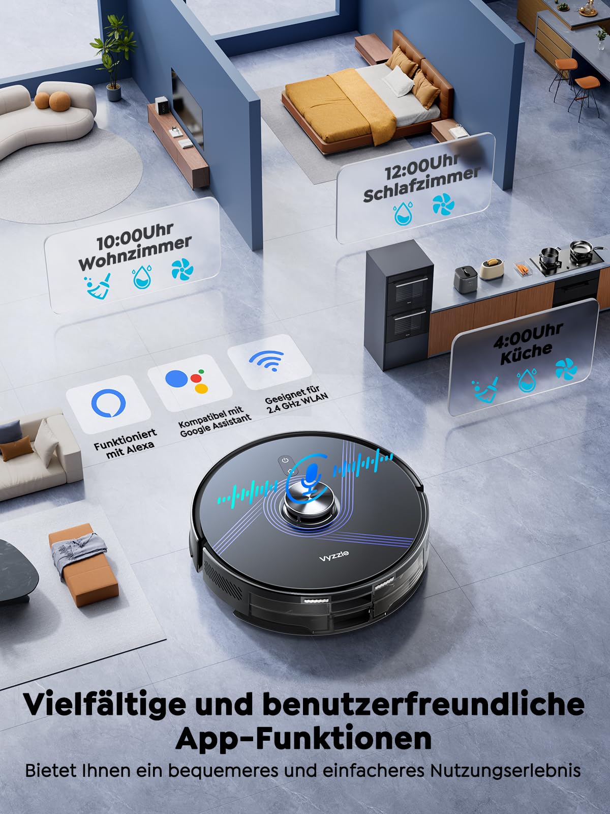 Vyzzle Saugroboter mit Wischfunktion, 10000Pa Saugroboter mit Absaugstation 3,5L, Wisch und Saugroboter mit LiDAR Navigation, 180 Min Laufzeit, App Steuerung, Tierhaare, Hartböden & Teppiche, Schwarz