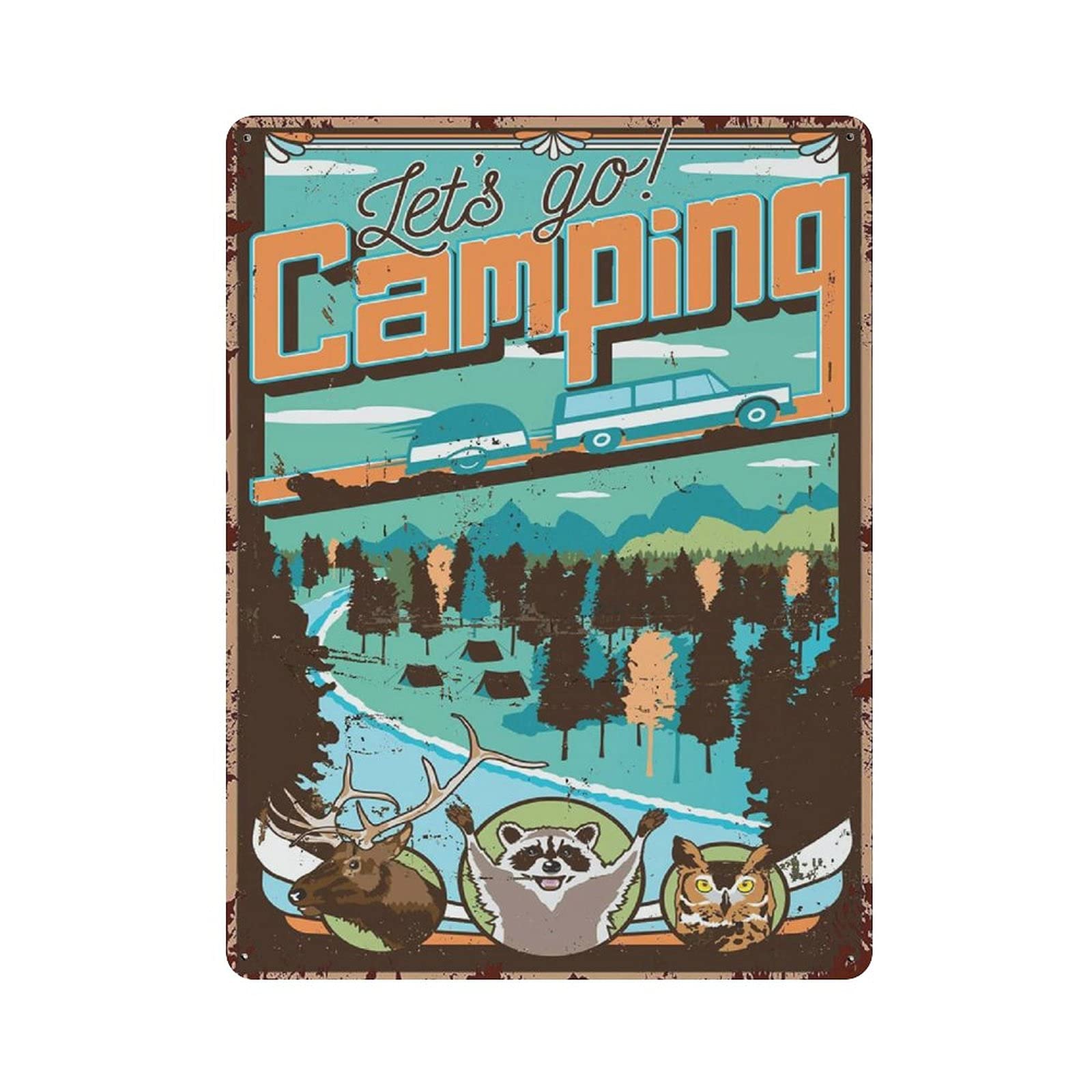 Metal Tin Sign Lets Go Camping Vintage Tin Poster Metal Sign Wall Decoration Country Kitchen Home Garage Decor 16"x12"