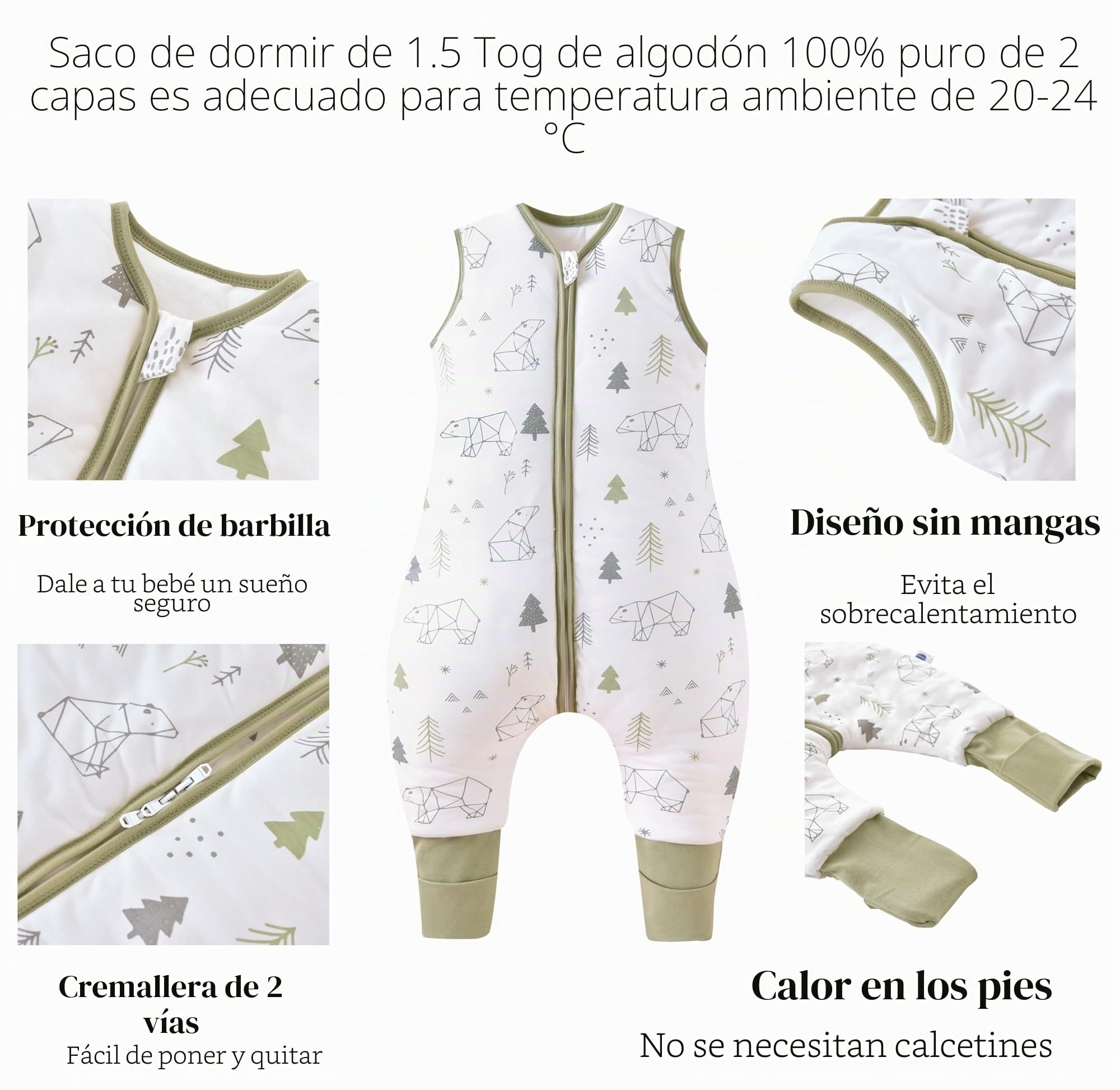 Chilsuessy Pack de 2 sacos de dormir para bebé con piernas 1,5 tog Saco de dormir 100% algodón Saco de dormir para todo el año con pies Saco de dormir para bebé Niños, 1,5 tog Ardilla + Oso pardo
