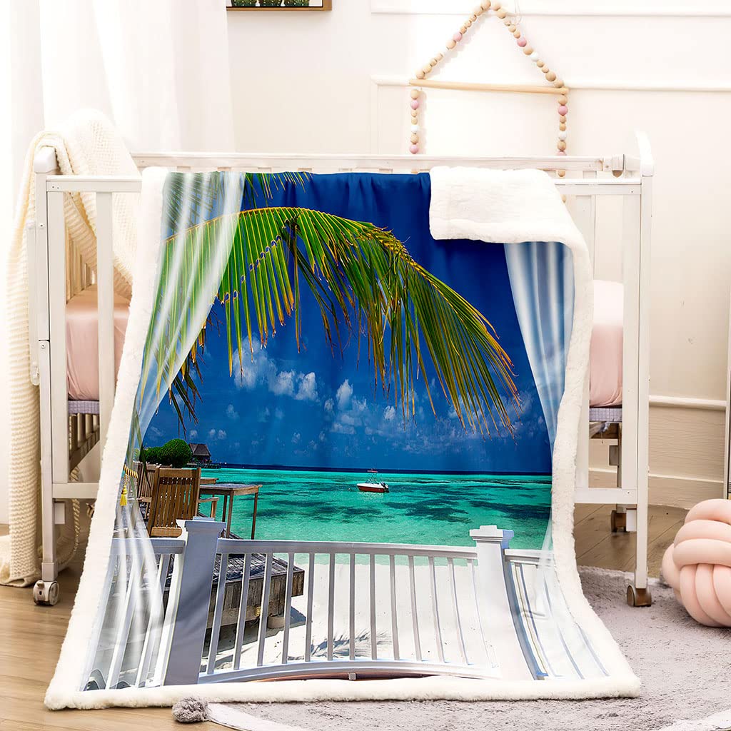 Coperta In Pile Di Pelliccia Sintetica Per Divano E Letto, Vista Mare Sulla Spiaggia Tropicale Stampata Coperta Matrimoniale Invernale Di Flanella 180X200Cm Morbida, Calda E Accogliente, Flu