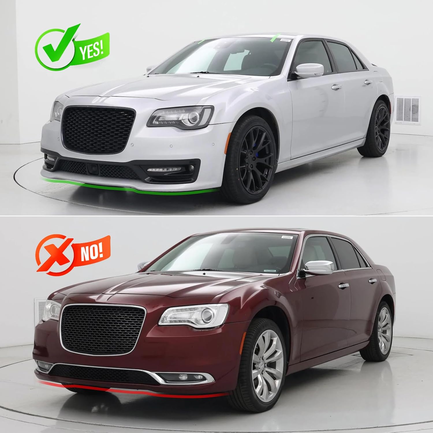 IKON MOTORSPORTS Front Bumper Lip, Compatible with 2015-2023 Chrysler 300 SRT, IKON Style Gloss Black PP Polypropylene Add-on Air Dam Chin Spoiler Protector Splitter 3PCS
