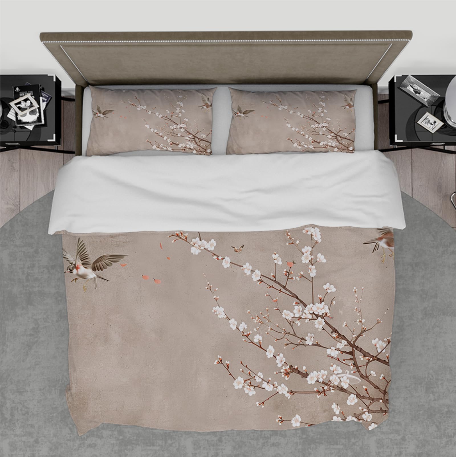Housse de couette 220x240 en microfibre à motif plum blossom branch et deux taies