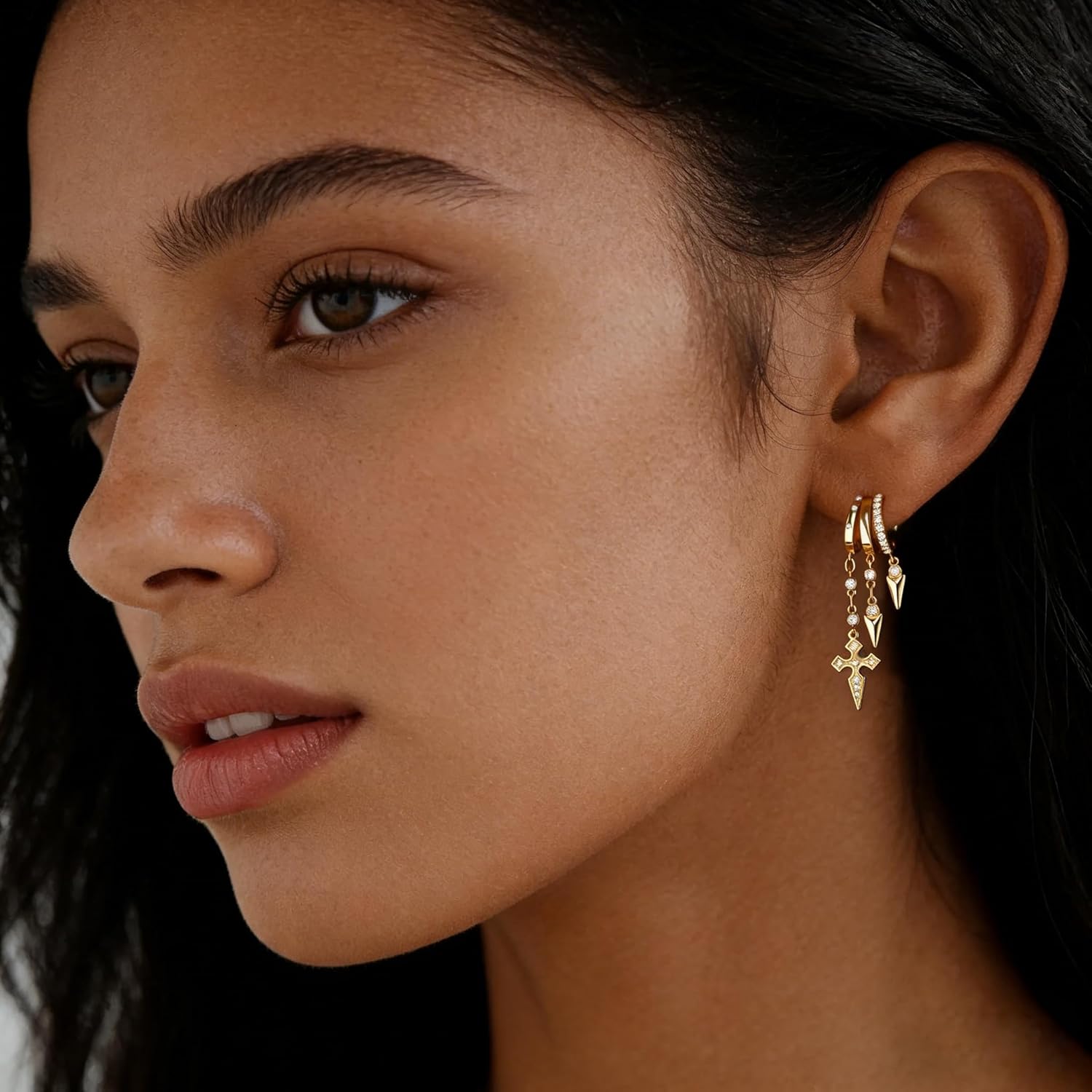 Gold Dangle Earrings for Women, 14k Gold Plated Stacked Triple Hoop Illusion Earrings Cubic Zirconia Huggie Earrings for Women Trendy - Image 2