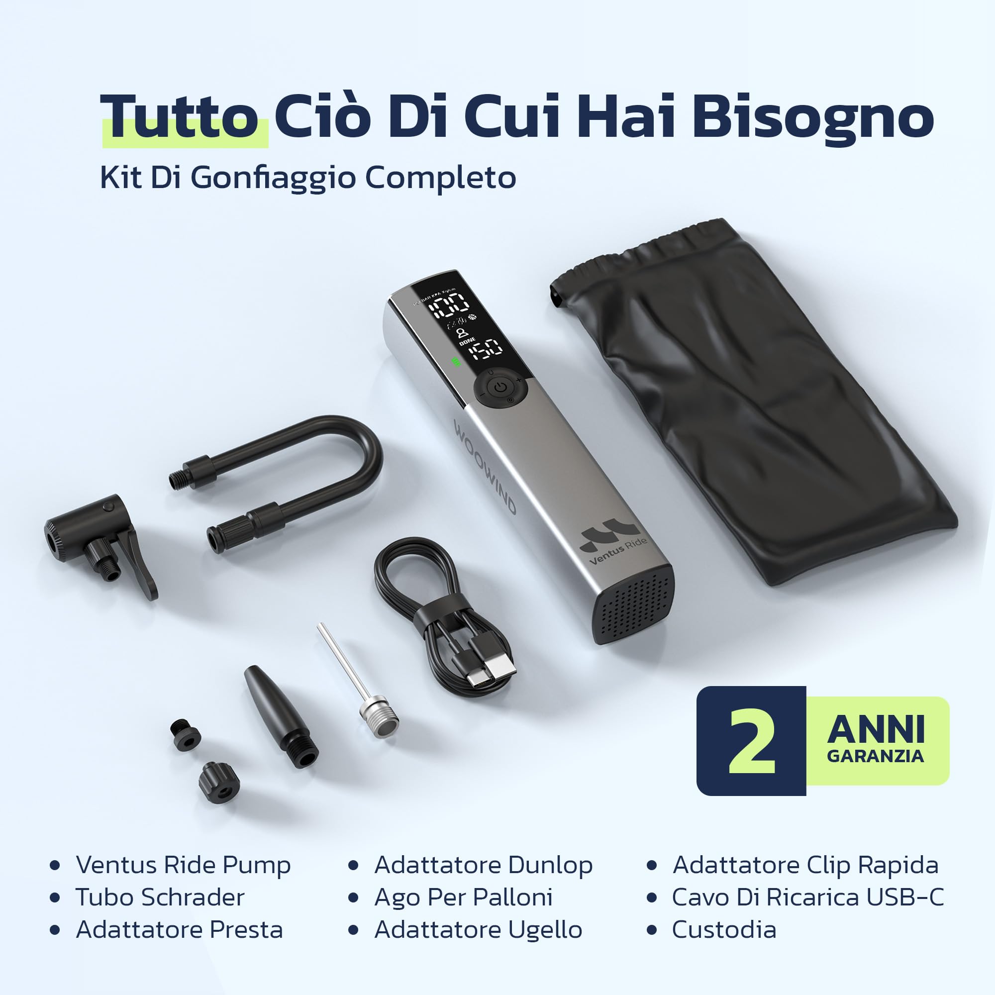 Woowind Ventus Ride Pompa Elettrica per Bicicletta, 150 PSI, 10,3 Bar, Portatile, Compressore Aria, Presta, Schrader, MTB, e-bike