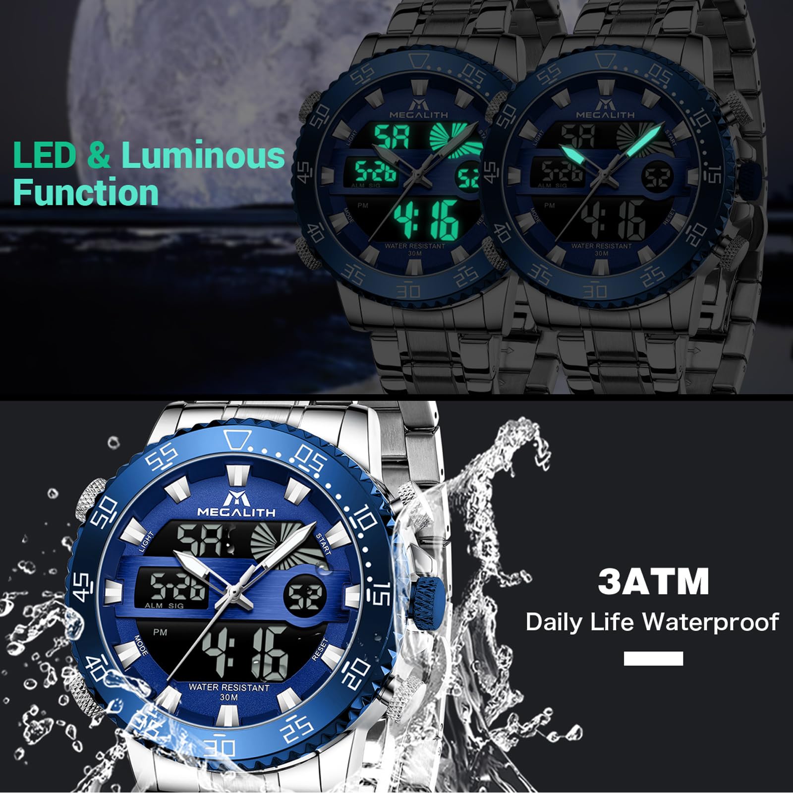 MEGALITH Orologio Uomo Digitale Analogico: Multifunzione Grande Quadrante | Impermeabile Acciaio Inossidabile Orologi da Polso con LED - Regalo per Affari Lavoro Uomo Anniversario Compleanno
