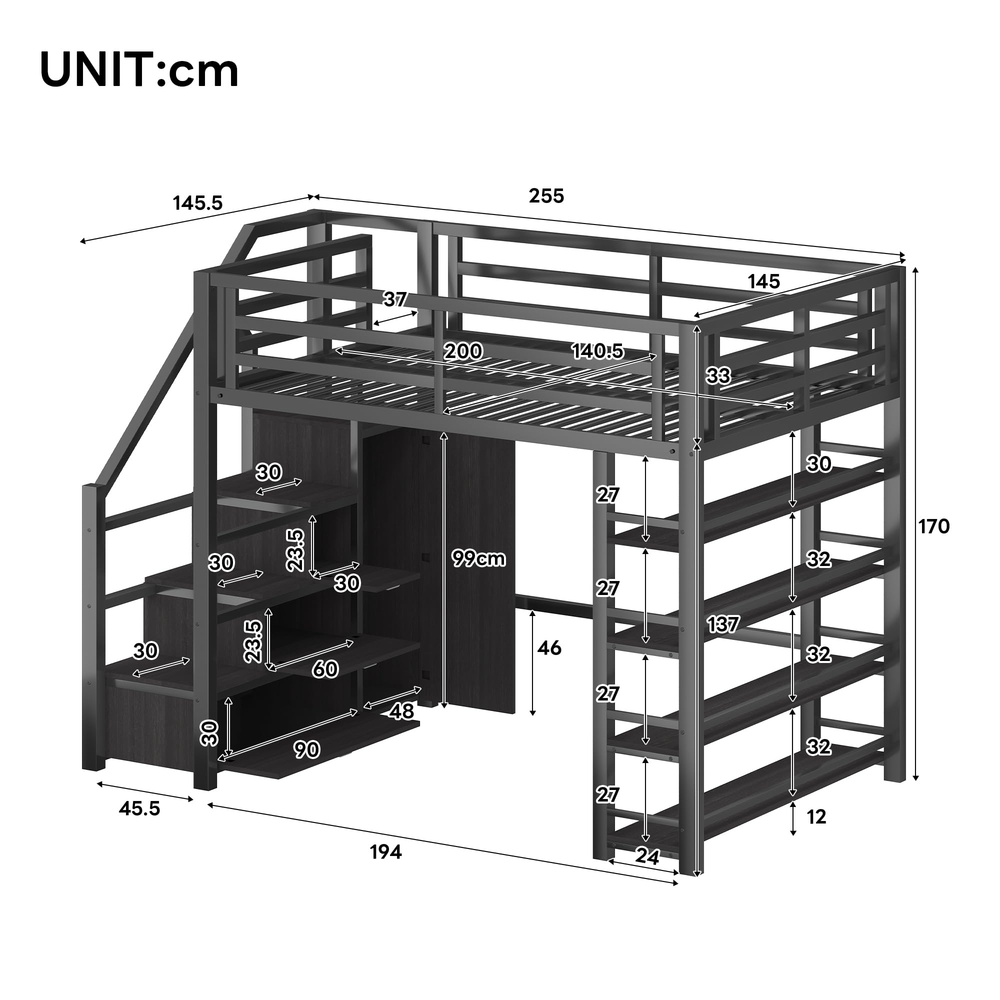 BTM Jugendbett 140 x 200 cm Metall LED Hochbett mit Schreibtisch und Schrank, Kinder Hochbett mit Treppe, Schwarz