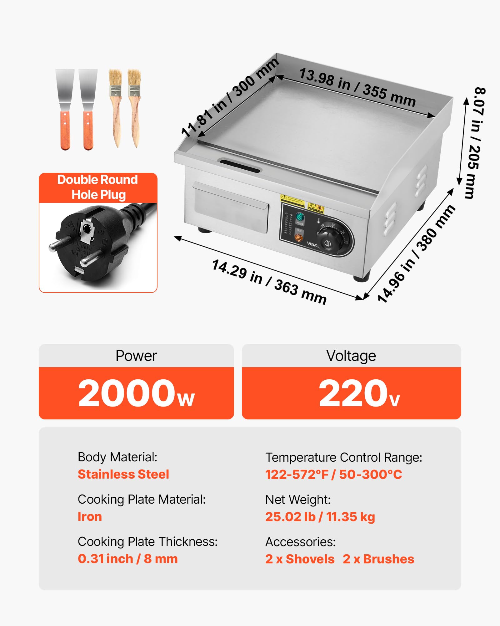 VEVOR Piastra Elettrica Commerciale 35,5 x 30 cm Piastra Elettrica per Cottura da 2000 W per Barbecue Ristorante Cucina, Superficie di Cottura Liscia Temperatura Regolabile tra 50-300 °C, Senza Spina