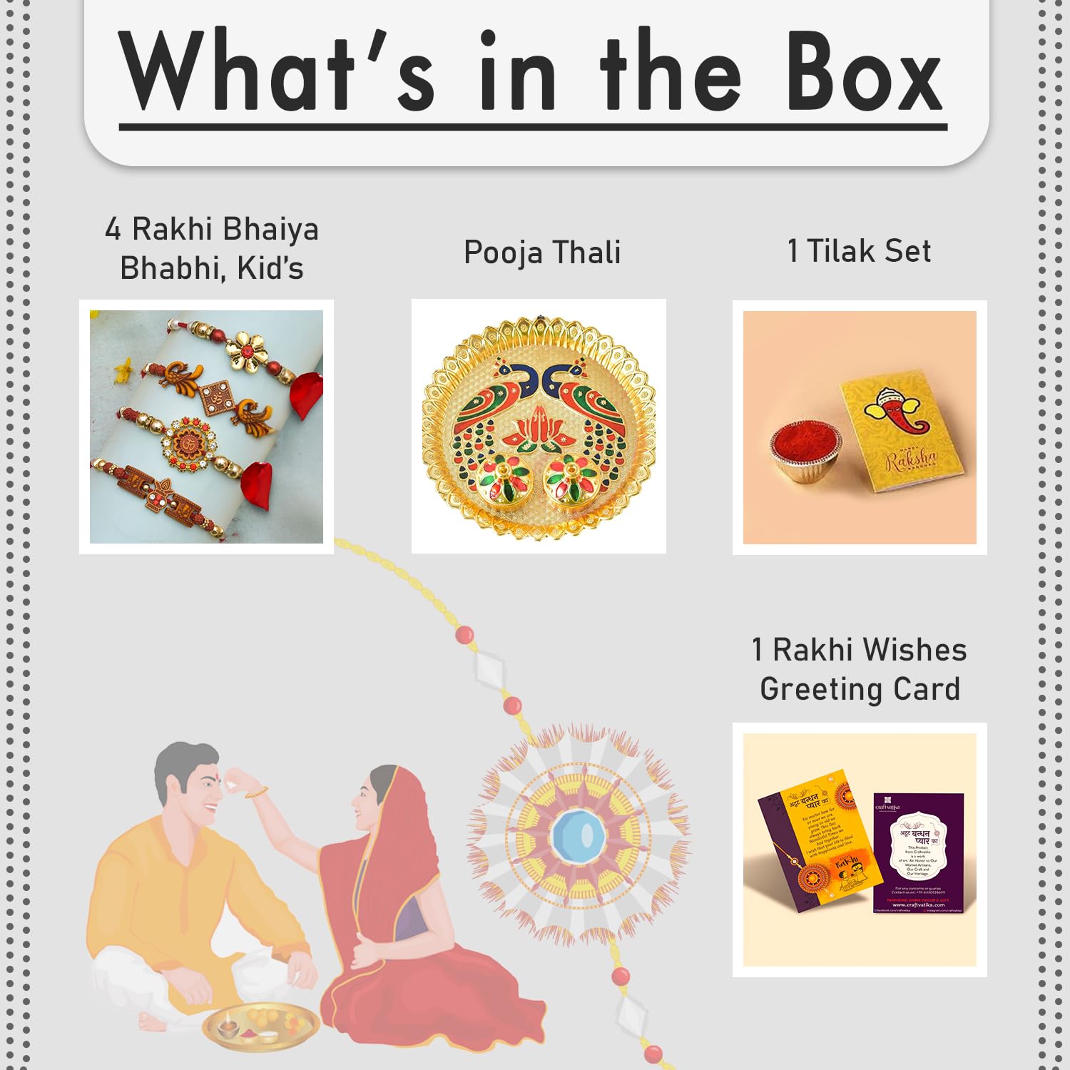 Rakhi Puja Thali Combo For Brother – 6-Inch Acrylic Plate, 2 Rakhis, Kankavati, Greeting Card, Rakshabandhan Gift Set