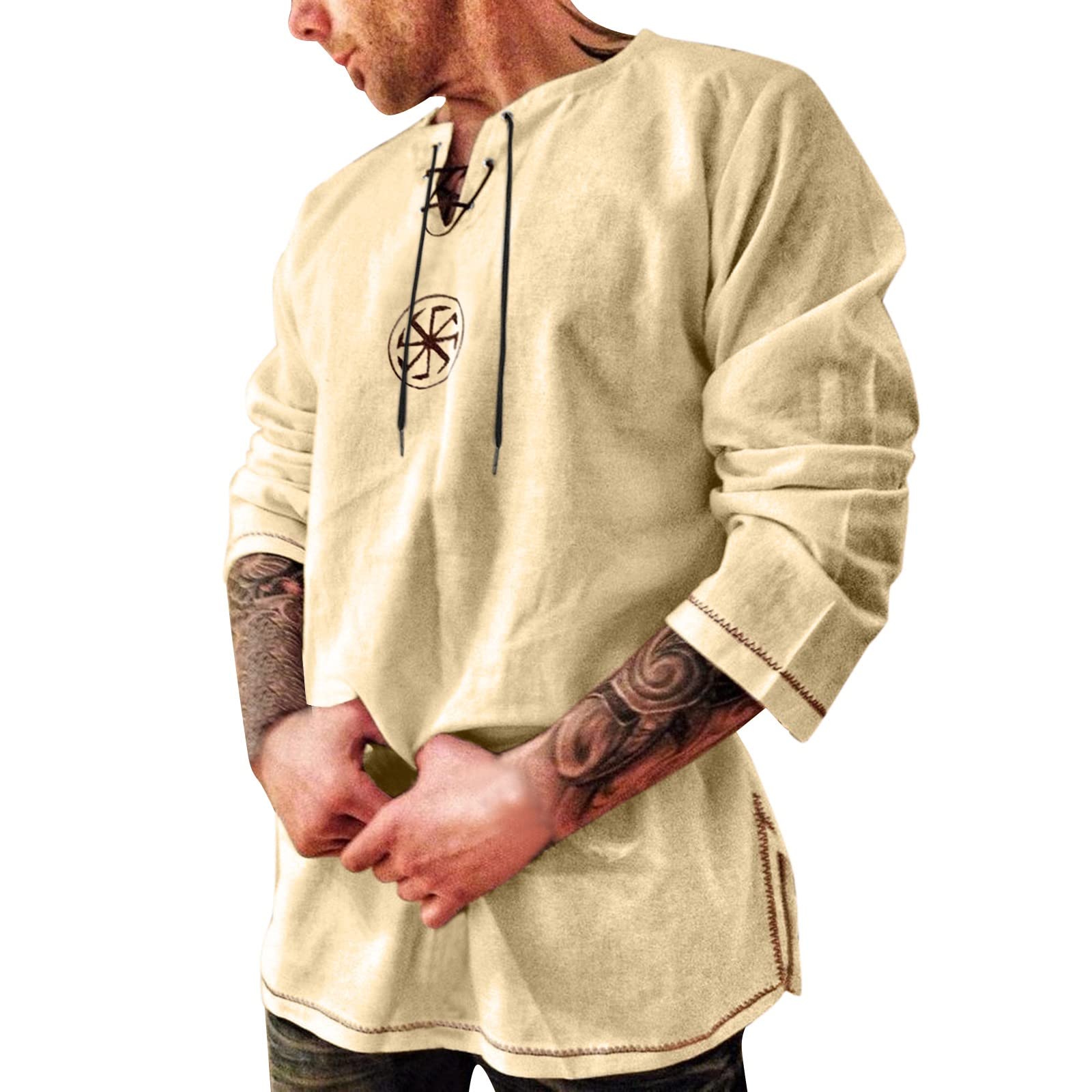 Mens Lace Up Shirt,Vintage Costume Long Sleeve Tops Renaissance Captain Top Outfits Medieval Black Shirt Viking Shirts for Men Adult T Men's Tops, T-Shirts & Renaissance (05 Khaki,M)