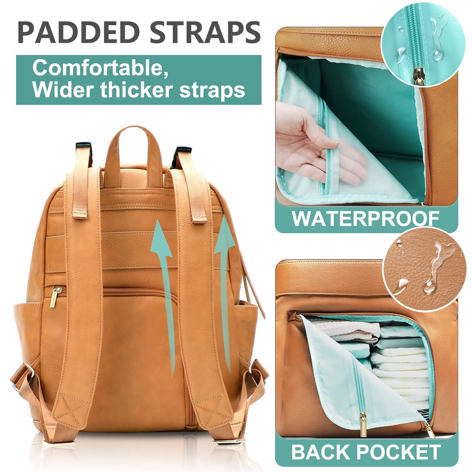 MOMINSIDE Diaper Bag Backpack, Diaper Bag Organizing Pouches Set of 4 Leather Baby Bag with 6 Insulated Pockets for Mom Dad, Baby Registry Search, Changing Station, Stroller Straps, Large Capacity
