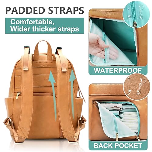 Miniatura 3 de MOMINSIDE Mochila para pañales, organizador de cochecito, accesorios para cochecito, bolsa de bebé de cuero con 6 bolsillos aislados para mamá papá,