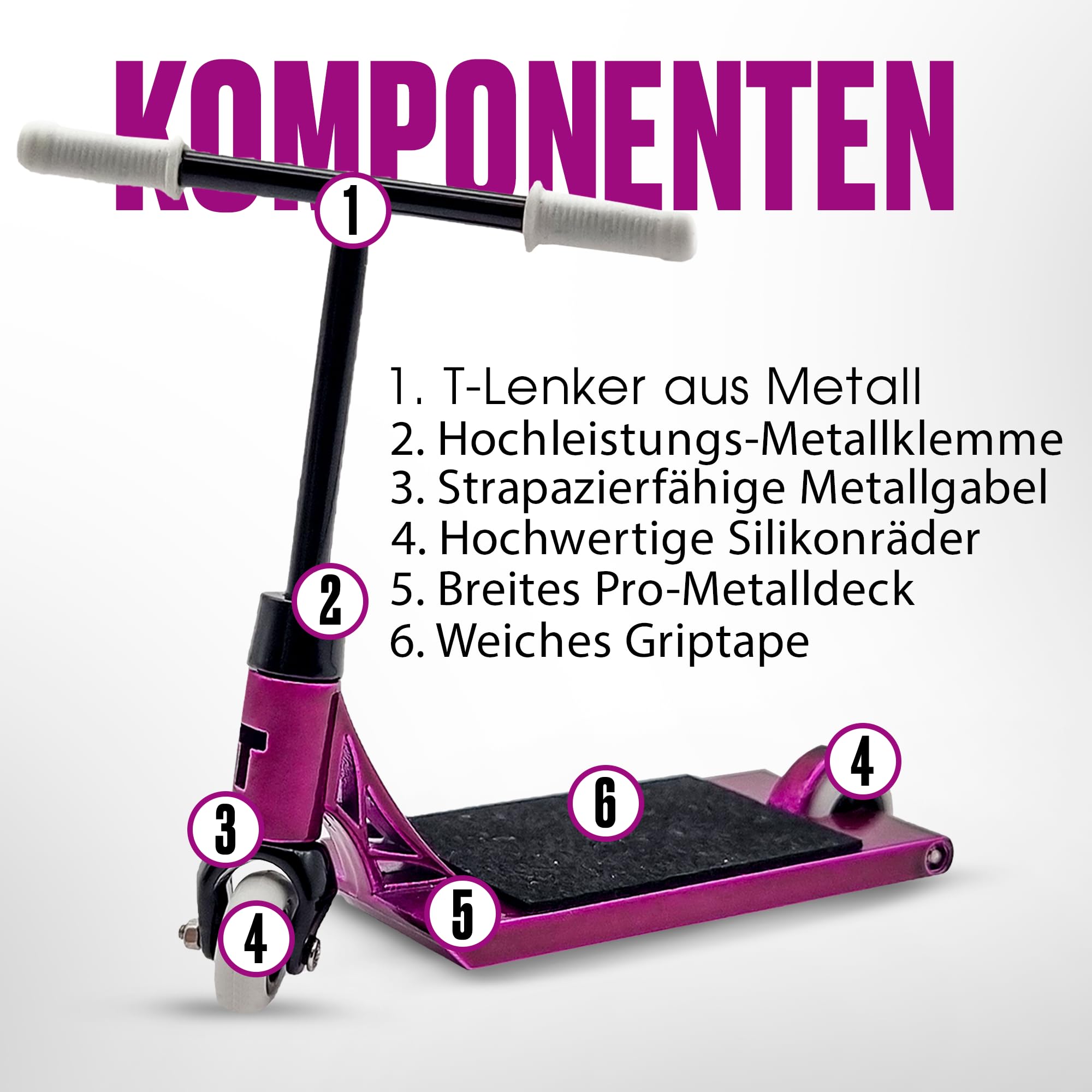 TAILWHIP Finger Scooter aus Metall – Mini Roller Spielzeug für Tricks, Fördert die Handmotorik – Kompatibel mit Tech Deck Fingerboard, Skatepark und Finger Bike BMX, Purple