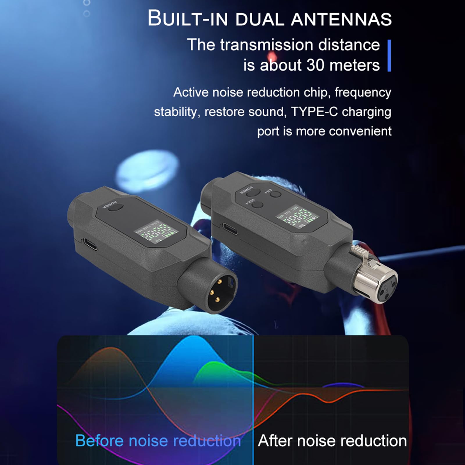 Microphone sans fil XLR Système UHF avec Émetteur et Récepteur pour Mixeur Audio, Guitare électrique, Basse - Réduction du Bruit