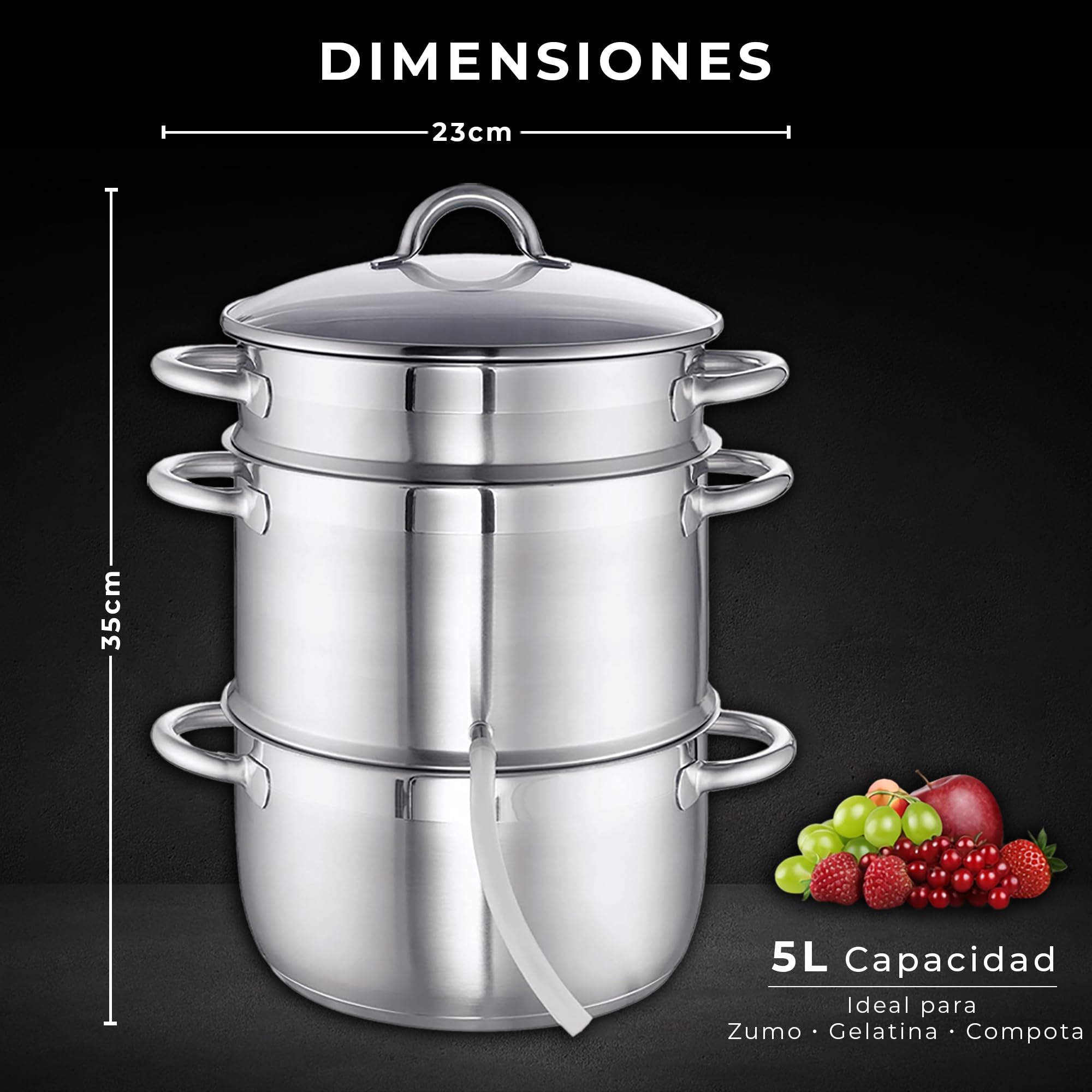 KARL HAUSMANN Extractor de Zumo a Vapor 5L Acero Inoxidable - Olla Vaporera para Inducción, Gas, Vitrocerámica y Eléctrica | Extractor de Frutas y Verduras Casero con Tubo, sin BPA, Gran Capacidad