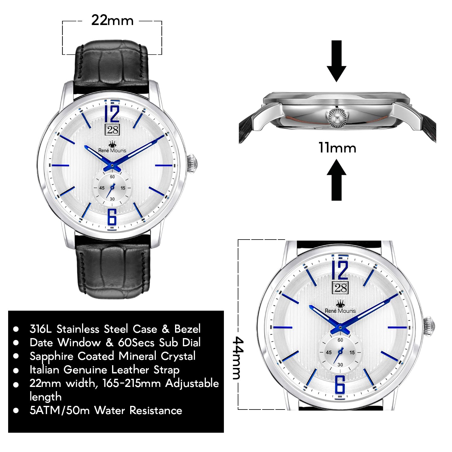 René Mouris Executive Quarzuhren Für Herren – 44MM Klassische Uhr Aus 316L Edelstahl