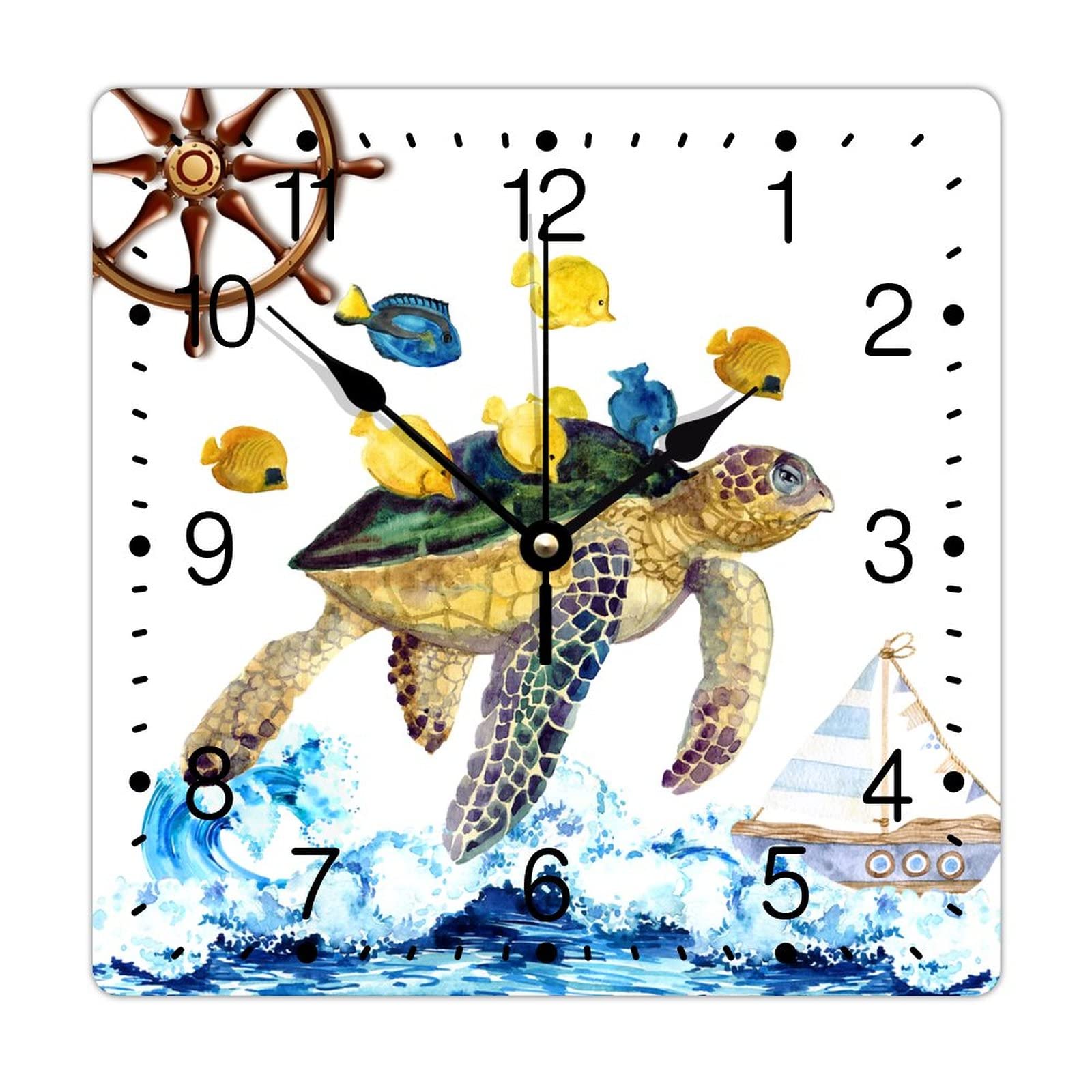 Horloge murale carrée en PVC 30 cm motif voilier océan pour école