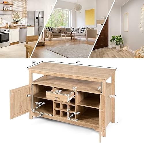 Miniatura 3 de COSTWAY Armario buffet con almacenamiento, aparador de almacenamiento de cocina con 9 estantes para vino, 2 gabinetes, 1 cajón, estante abierto,