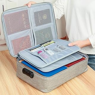 Gray Cotton Document Storage Box with Lock, Multi-Layer Organizer, Portable File Storage Bag for Home Office Travel, A4, Legal Size Files, Cash, Jewelry, Passport, Certificates