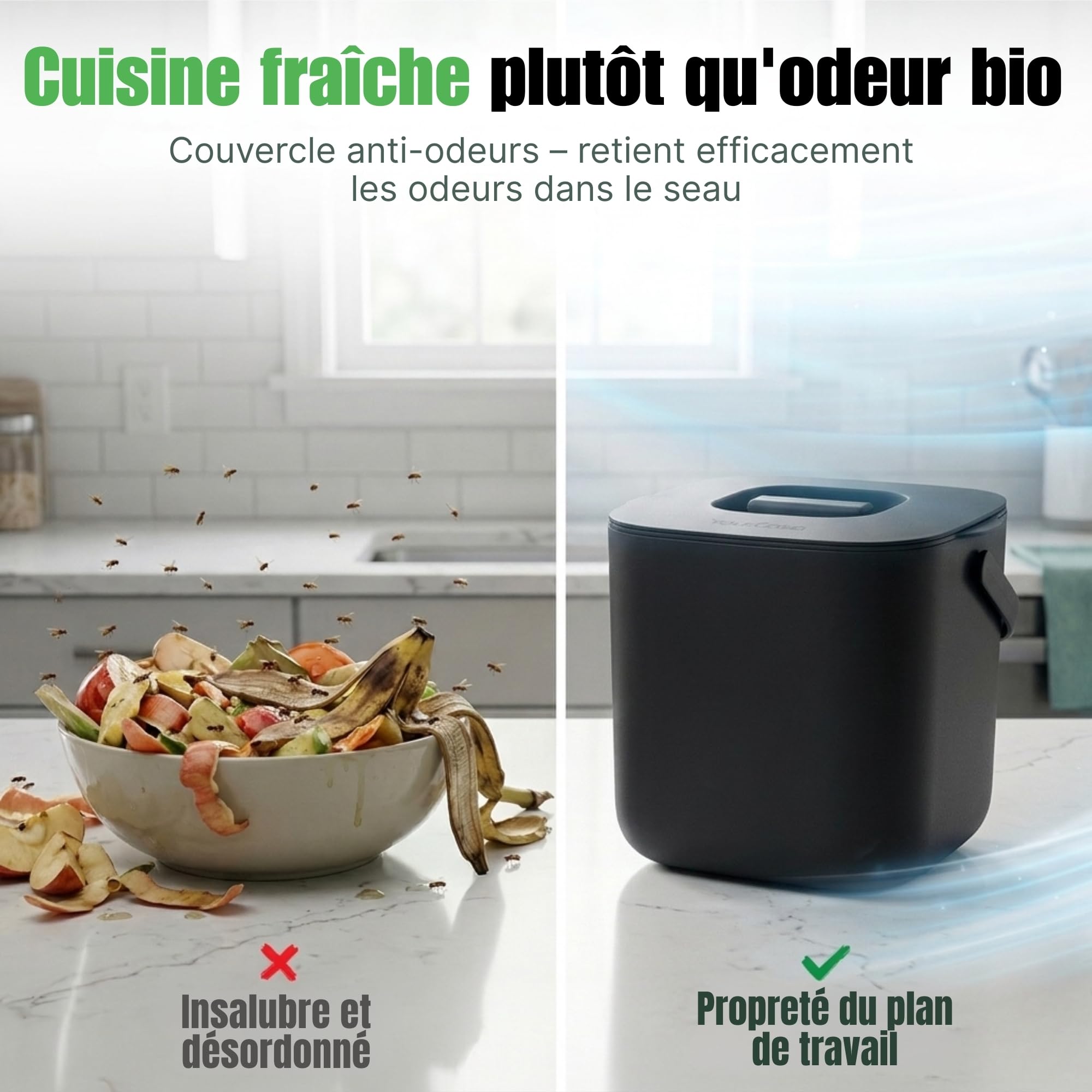 YourCasa® Composteur Cuisine - 7L Poubelle compost cuisine pour les déchets organiques quotidiens Lavable au Lave Inodore poubelles à compost seau compost cuisine petite poubelle cuisine (Noir)