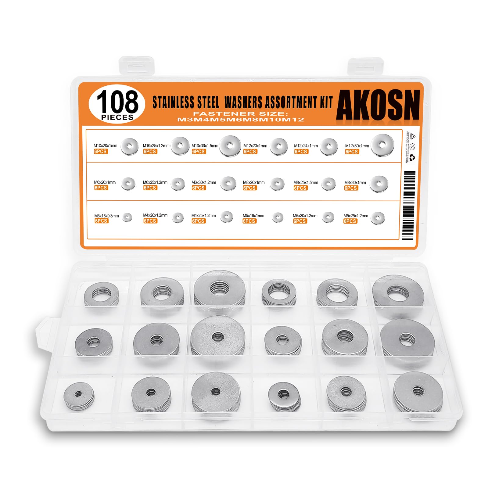 108-Piece, 18 Size, Stainless Steel Flat & Fender Washers Assortment Kit, Metal Screw Washers Set for Bolts, Industrial, Covering M3 to M12 (Metric), OD from15 to 30 mm
