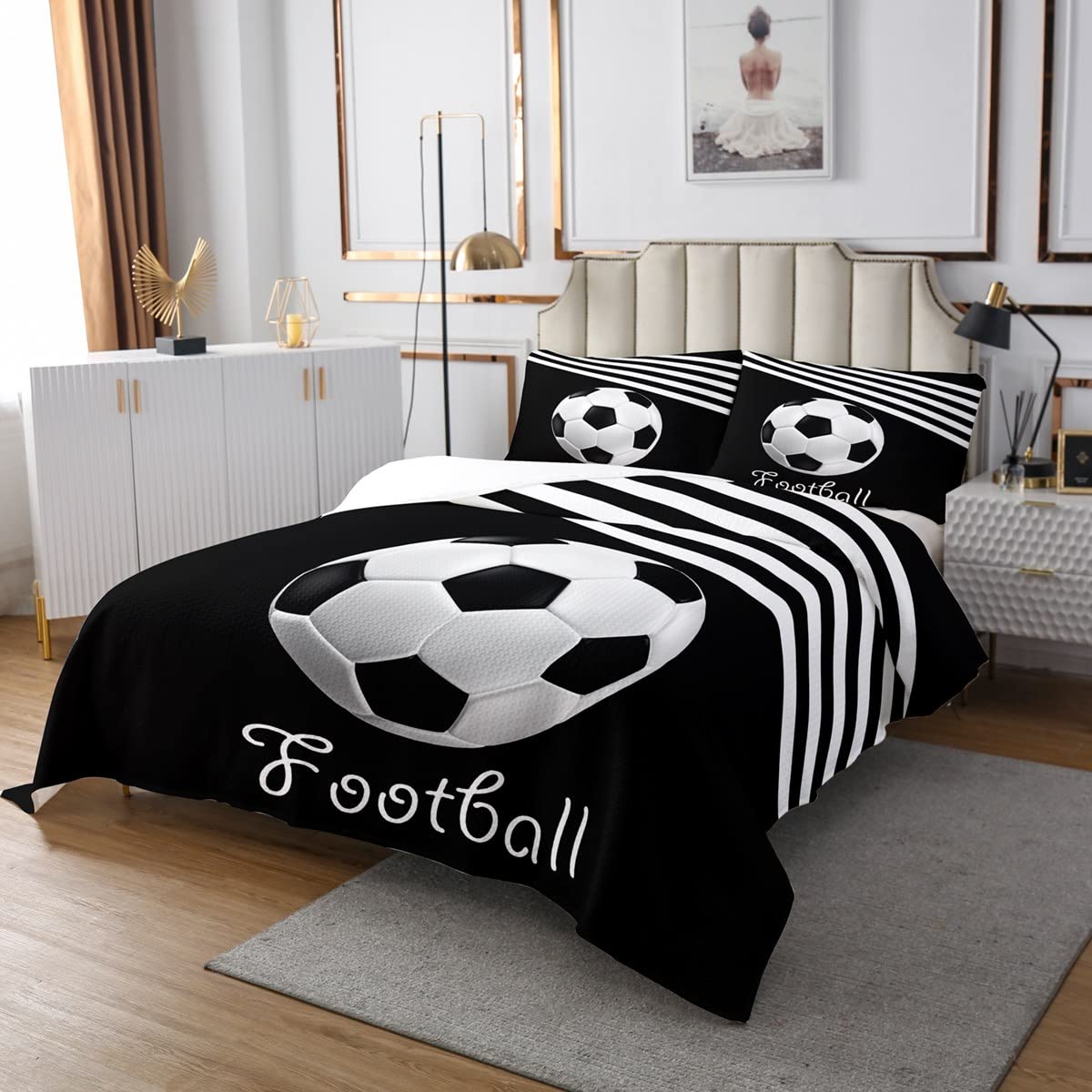 Homemissing Copriletto trapuntato con pallone da calcio, calcio, sport, a righe, per bambini, ragazzi, moderno, bianco, nero, 3 pezzi