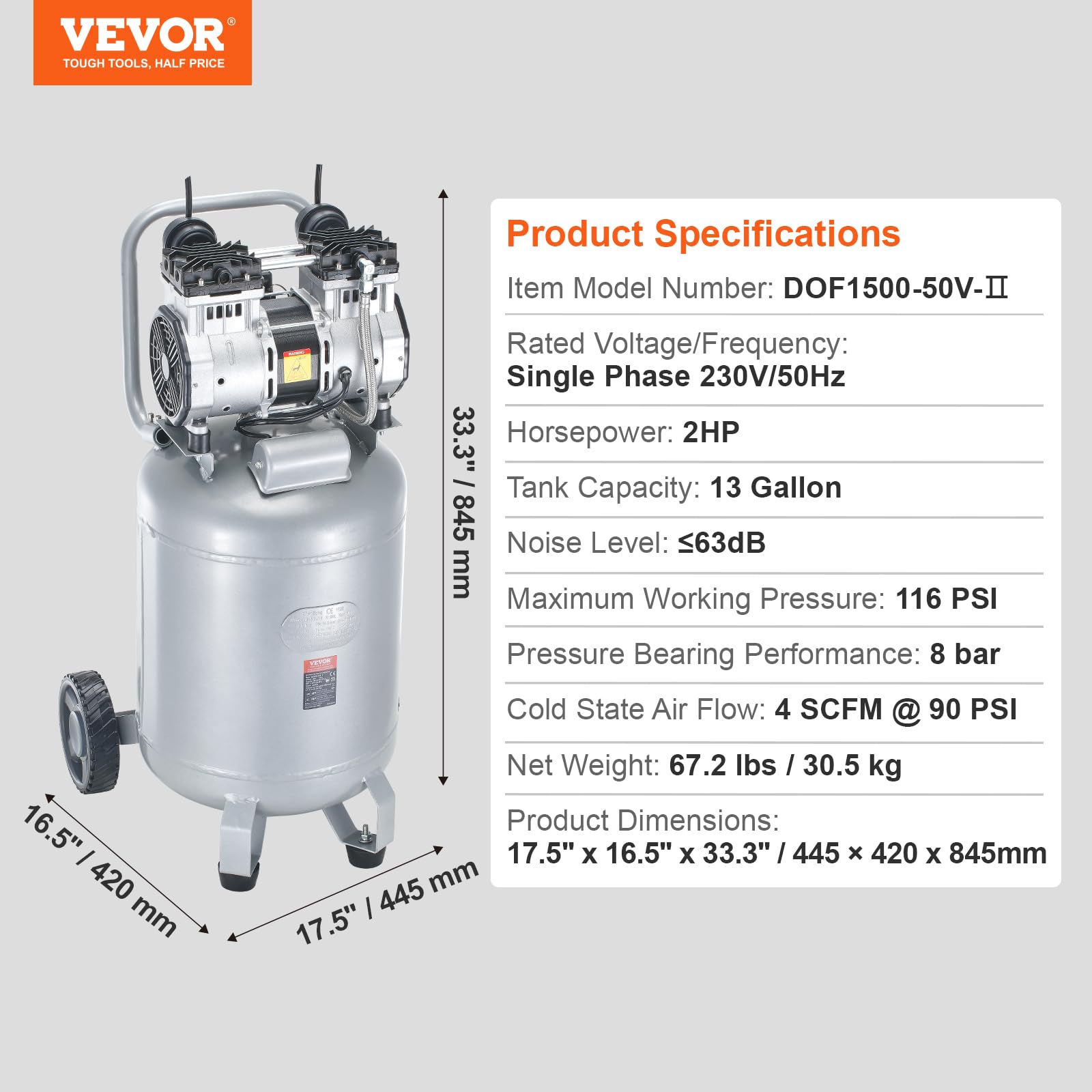 VEVOR Compressore d'Aria Senza Olio 13 Galloni 49 L Serbatoio 2 CV