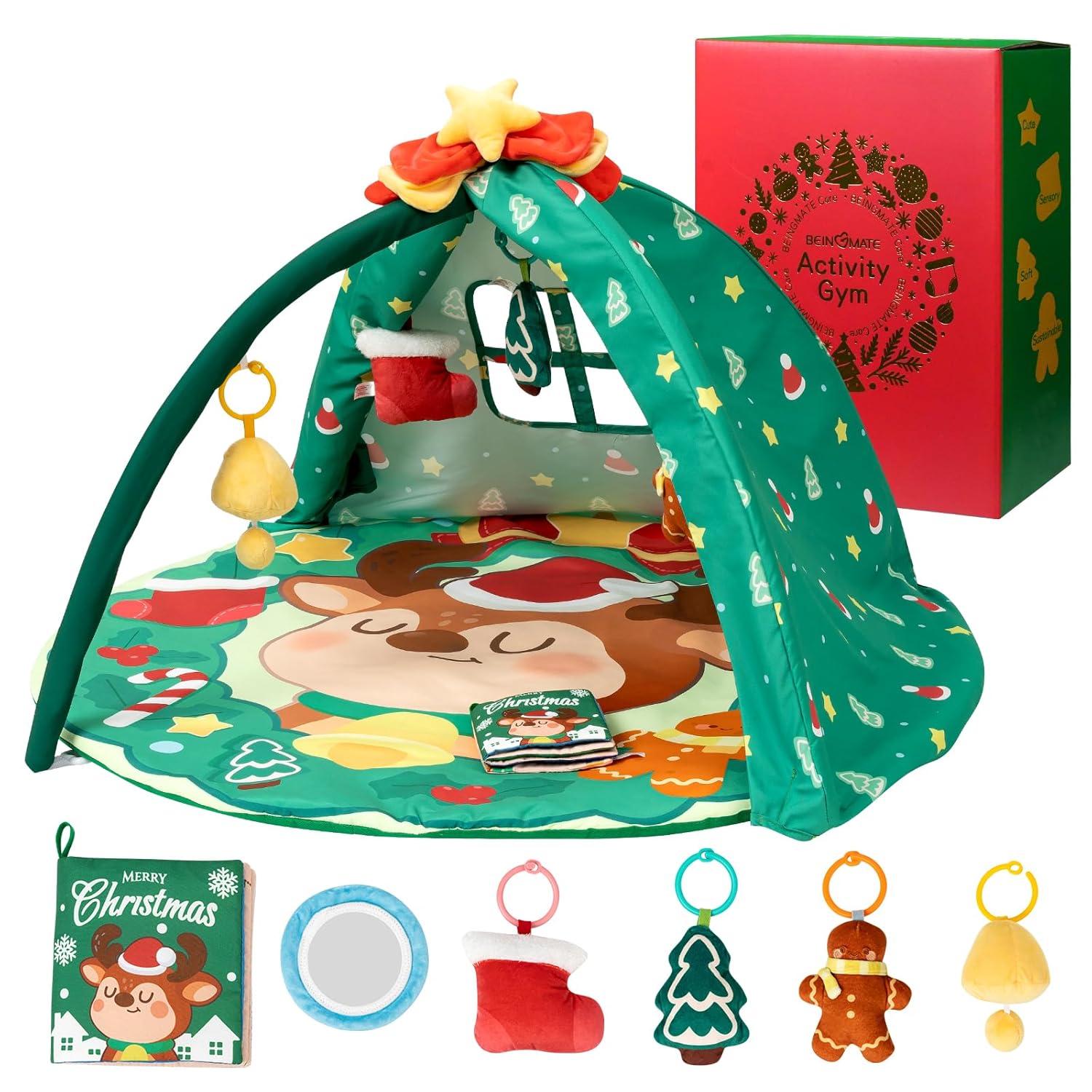 Christmas Baby Play Gym Mat, Softer Tummy Time Mat with 6 Detachable Toys for Sensory & Motor Skill Development, Activity Mat for Newborn Essentials Shower Gift, Oeko-TEX Certified