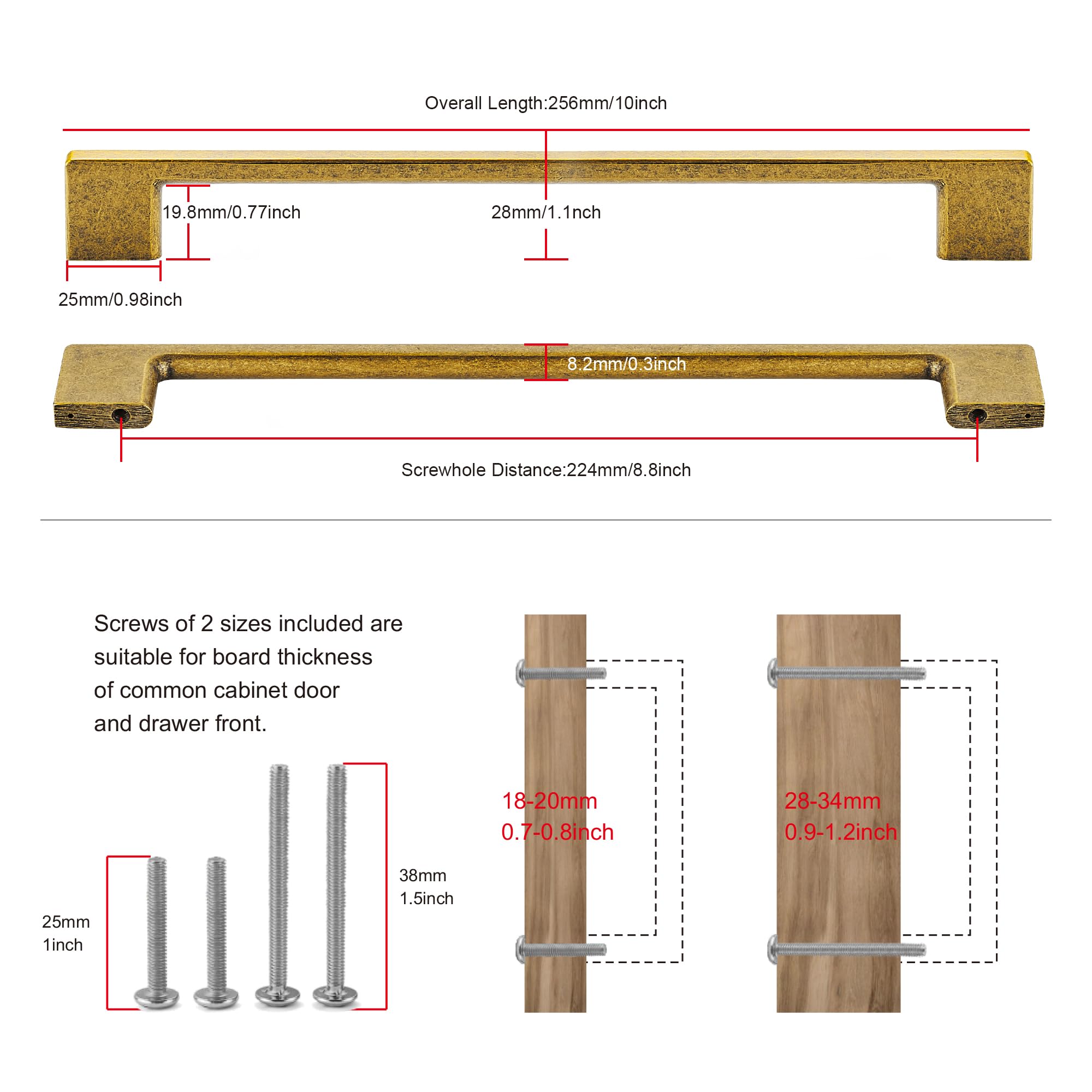 TUNNY Paquete de 5 manijas clásicas para gabinete, 8.81 pulgadas (224 mm), espacio entre tornillos, manijas de latón antiguo para muebles de cocina, dormitorio, gabinete