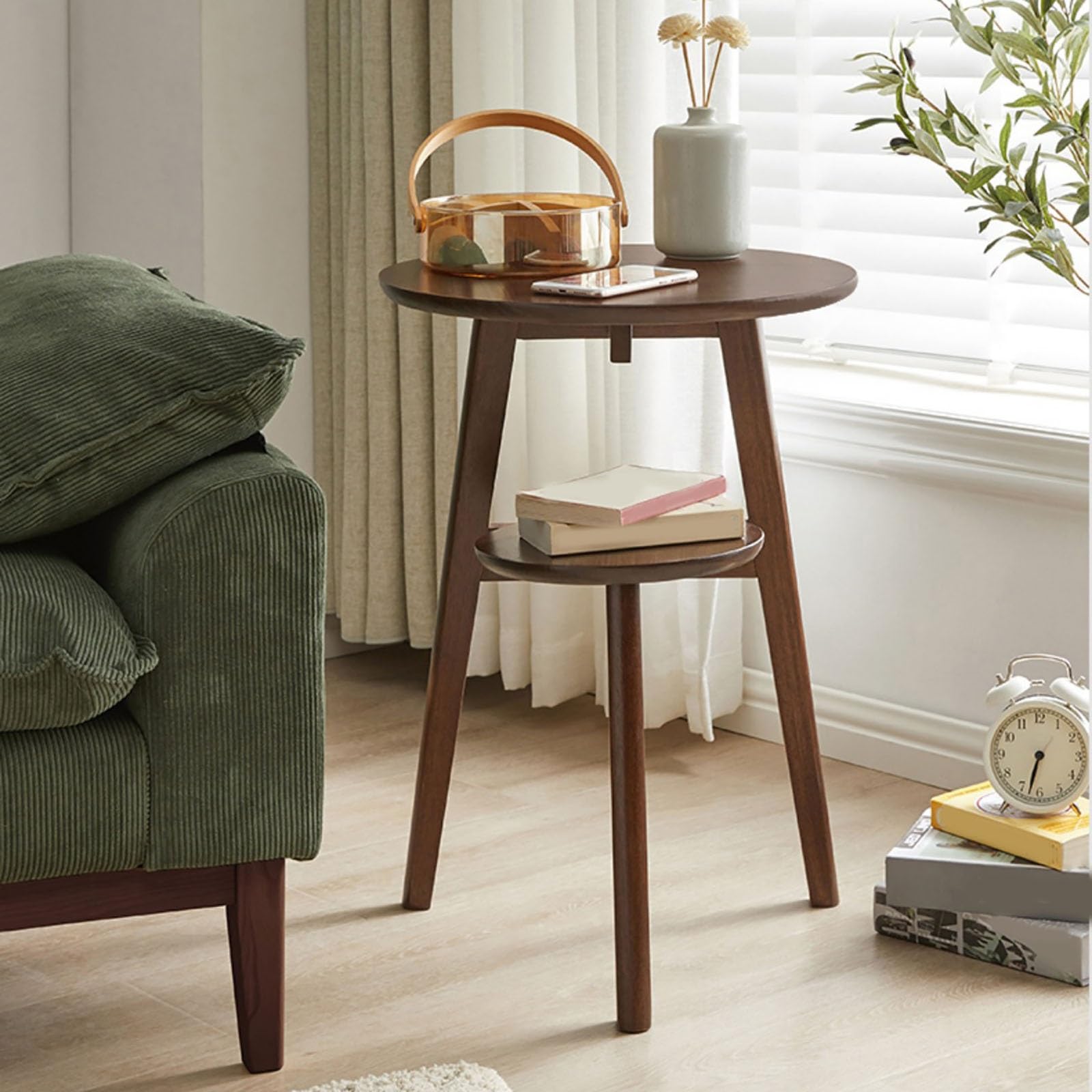 Amazon｜ラウンドナイトスタンド サイドテーブル、多機能 棚付