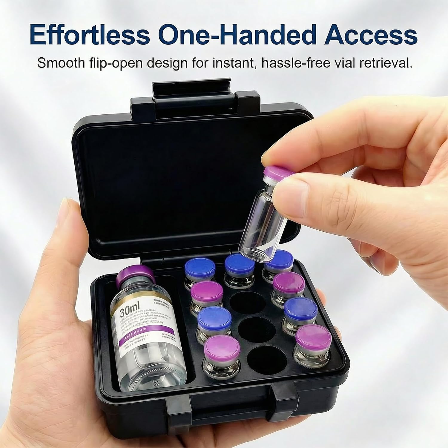 Peptide Case for Fridge & Travel - Integrated Insulin Vial Holder Case, 12 Slots for 3ml Vials + 1 slot for 30ml Vial, Precise Fit Peptide Storage Organizer for Home, Lab & Fitness