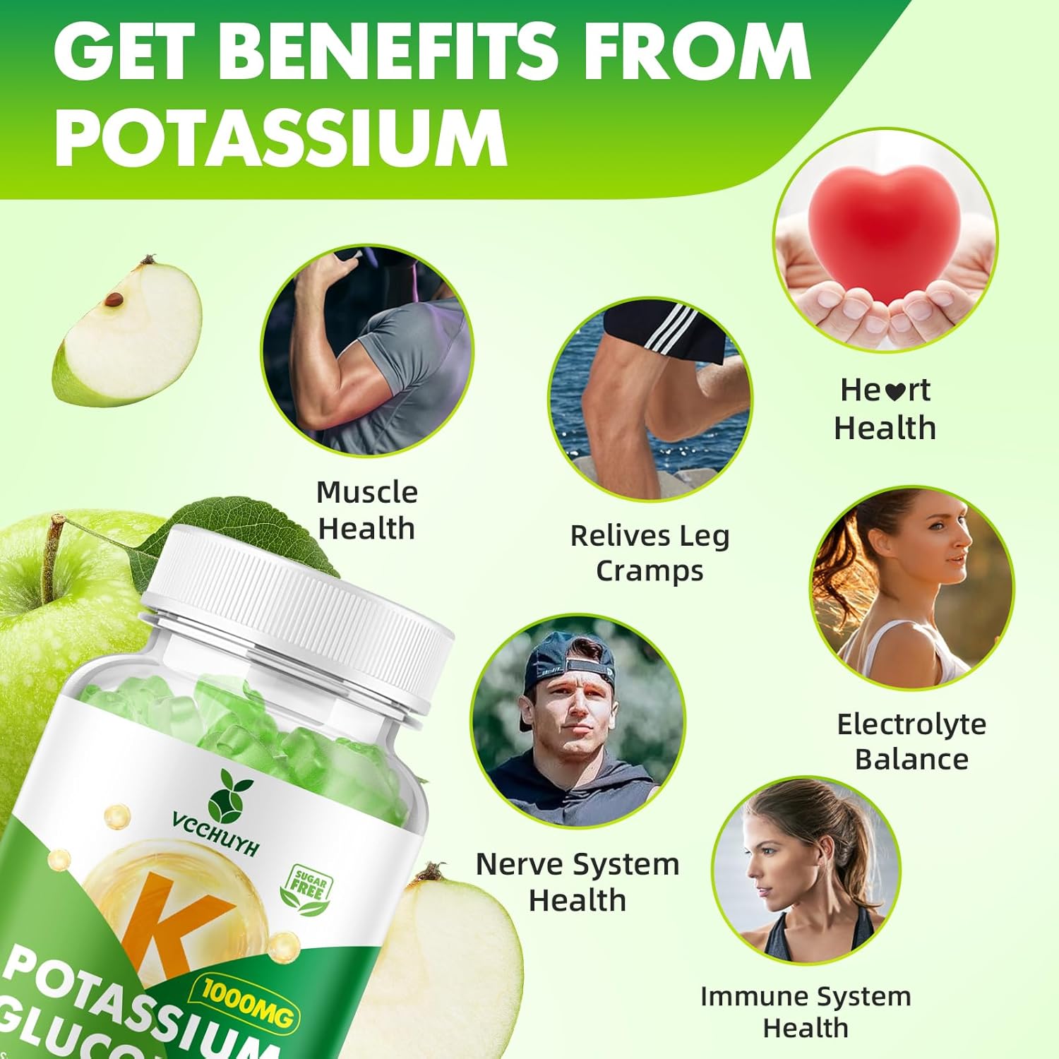 Potassium Gummies 1000mg for Adults & Kids, High Dose Potassium Gluconate Supplement Potassium Gluconate Gummies Support Muscle Cramps Electrolyte Balance, Apple Flavor 120 Count - Image 3