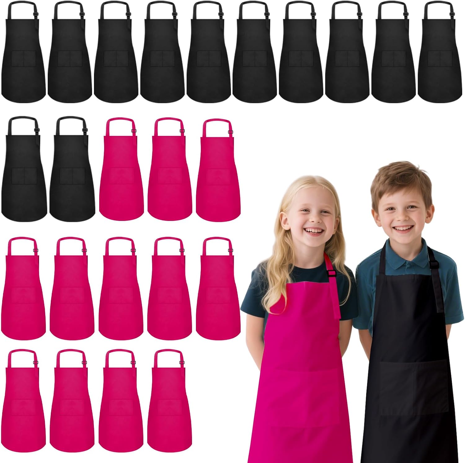 24 Pack Kids Aprons with 2 Pockets Adjustable Chef Art Apron Kids Painting Aprons for Cooking Baking Crafting Grilling for Boys Girls Age 6-13 Years