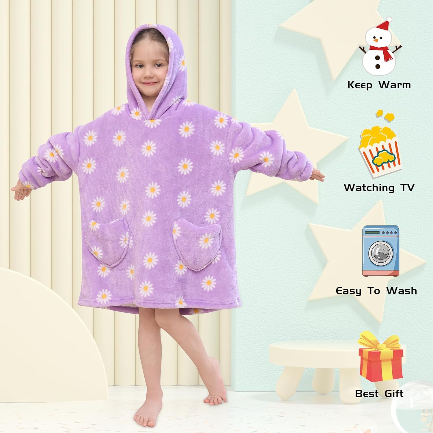 Wearable Blanket Hoodie for Kids Oversized Sherpa Blanket Hoodie for Kids Boys Girls Toddler 2-6YR,Daisy - Image 2