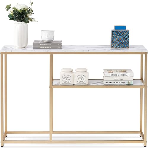 ivinta Mesa consola estrecha, mesa de sofá de mármol blanco, mesa de entrada de TV pequeña con estante de almacenamiento, mesa de buffet para