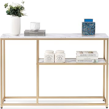 ivinta Narrow Console Table, White Marble Sofa Table Small TV Entryway Table with Storage Shelf, Buffet Table for Hallway Living Room, 47.2inch Sage-80GOLD White