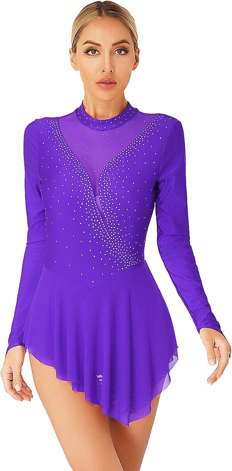 JEATHA Women Glitter Rhinestone Mesh Patchwork Figure Skating Dress Irregular Hem Performance Dance Dress