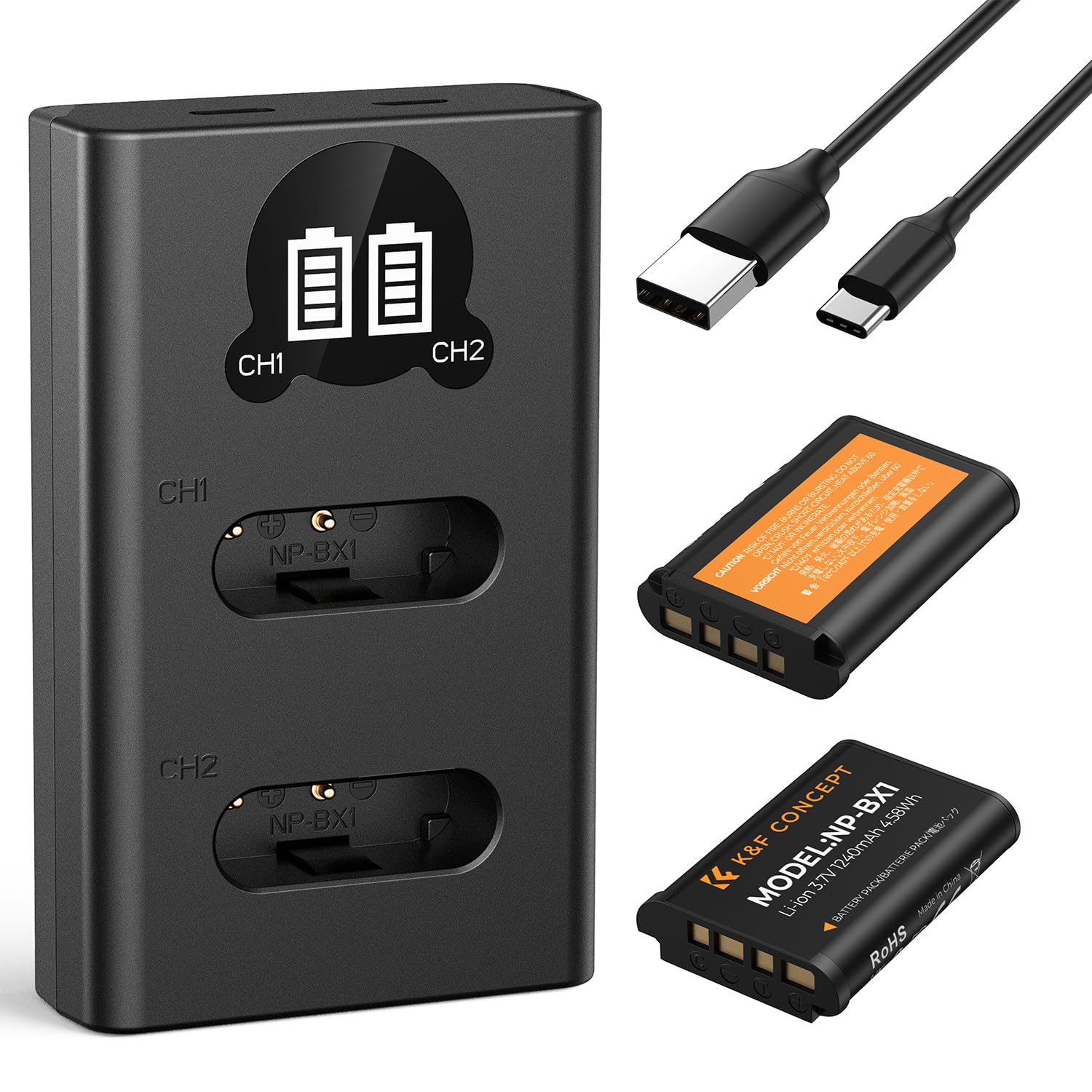 K&F CONCEPT NP-BX1 Batería de Repuesto 2-Pack con Cargador LCD Dual Slot, Compatible con Sony RX100/ HX50 /WX350 /RX1R /HX90/RX100M7/M6/M5/PJ410/AS30