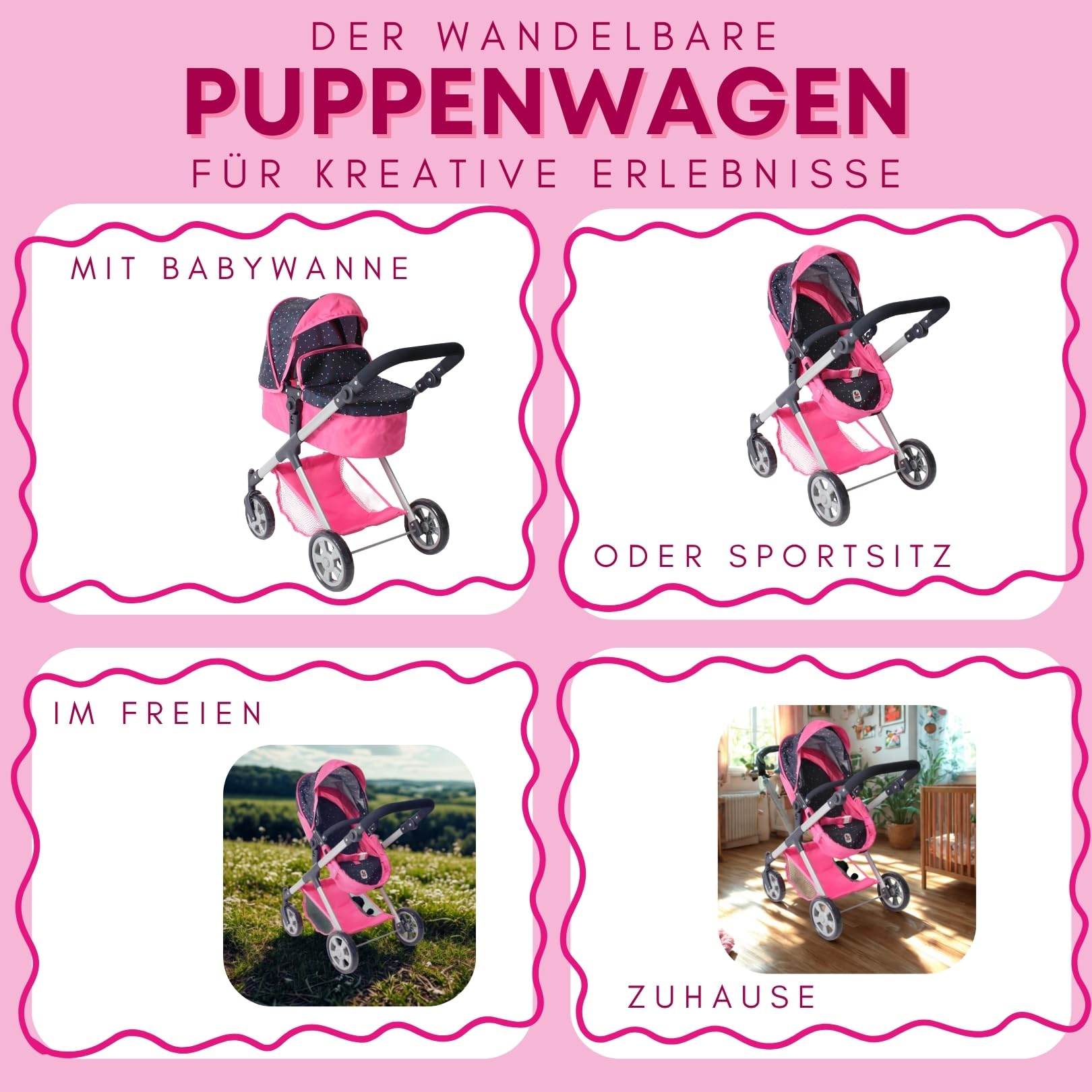 Bayer Chic 2000 2 w 1 wózek dla lalek Mila – dżinsy różowe – uchwyt z regulacją wysokości 39-72 cm – nowoczesny stelaż – lalki do 50 cm – 3-7 J.