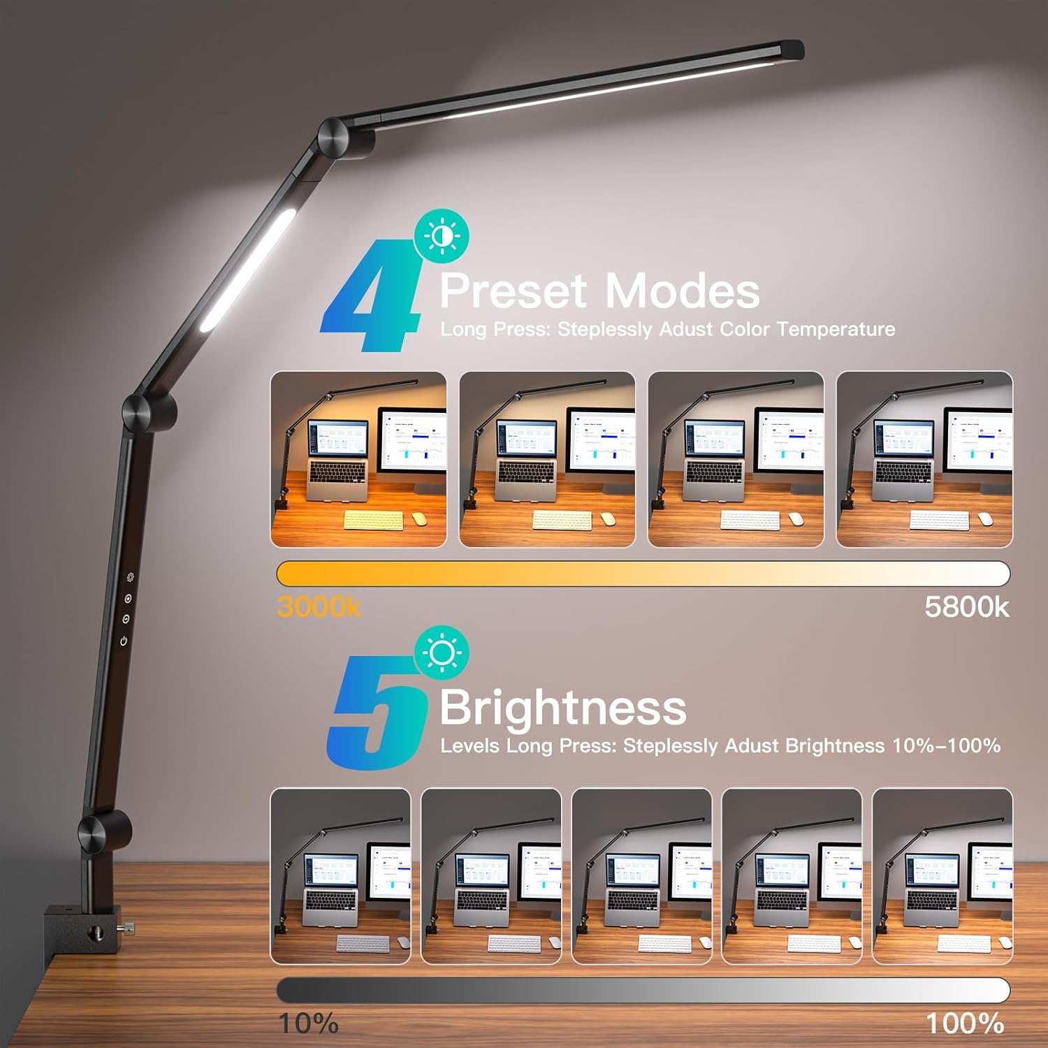 Illustration of the VERSKI LED Desk Lamp's control panel, showing 4 preset color temperature modes from 3000K to 5800K and 5 brightness levels from 10% to 100%.
