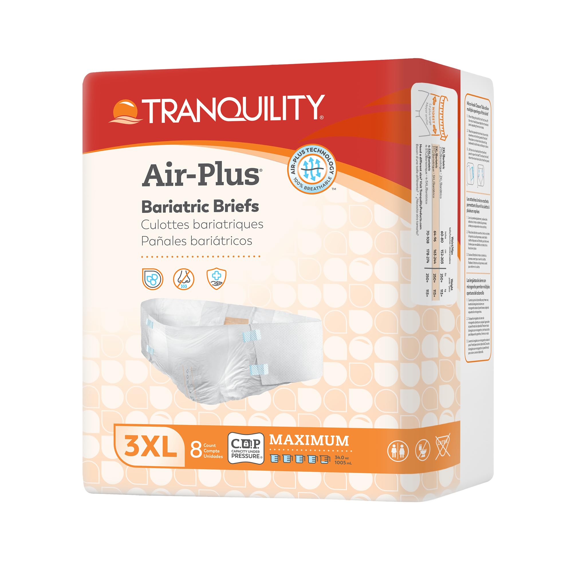 Tranquility Bariatric Disposable Briefs 3X-Large with Peach Mat Core for Dry Skin, Odor Control & Max Comfort, Secure Kufguard Technology, Latex-Free, 34oz Capacity, 8ct Bag