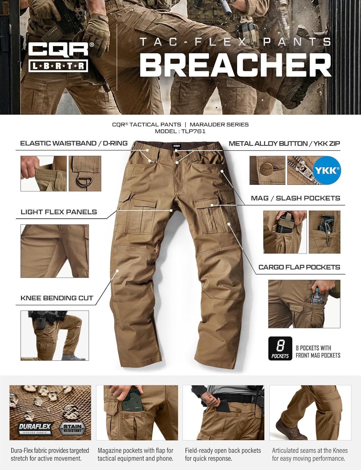 CQR Men's Flex Ripstop Tactical Pants, Water Resistant Stretch Cargo Pants, Lightweight EDC Hiking Work Pants - Image 8