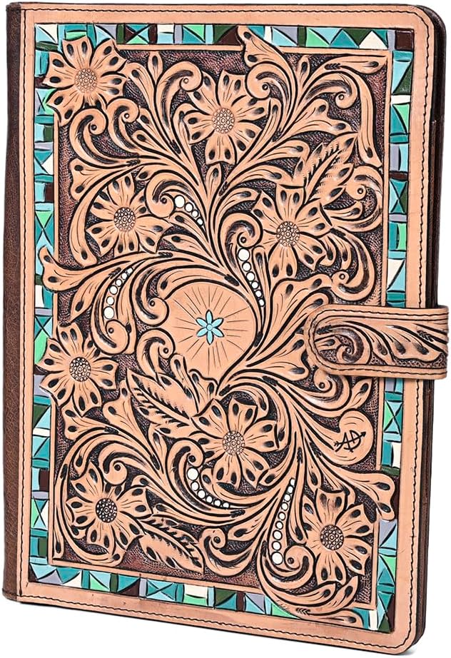 American Darling Hand-Tooled Floral Genuine Leather Portfolio – Western Organizer, Business Case, Handmade Texas Craftsmanship